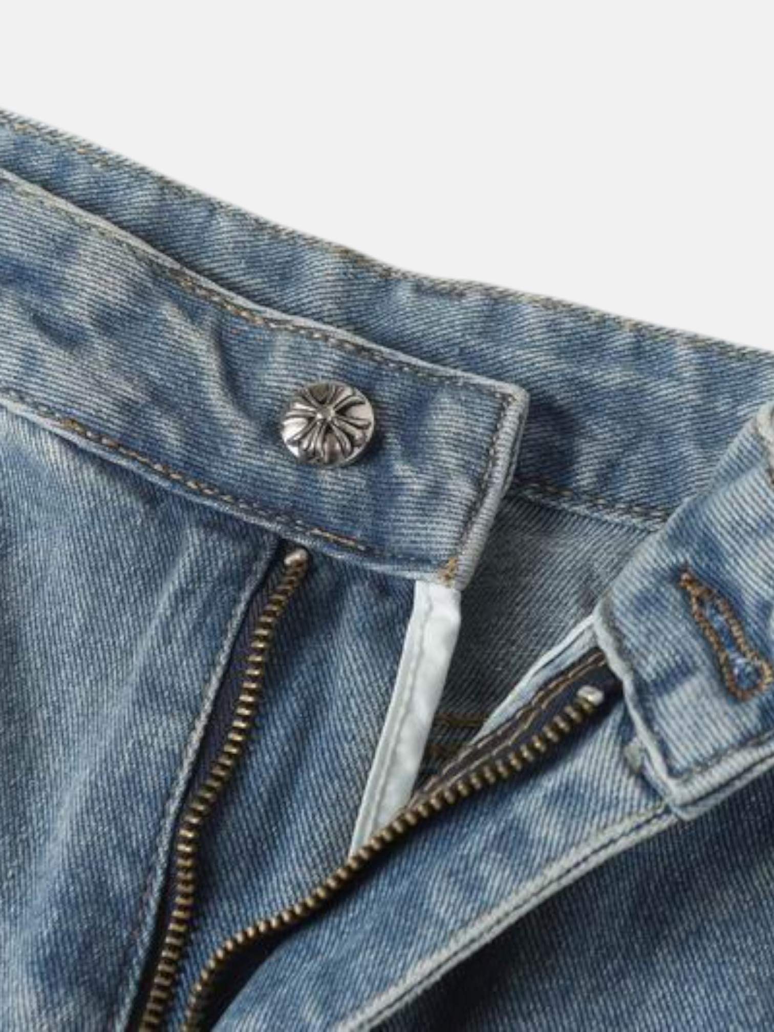 Chrome Chrome Hearts Minimal Cross Jeans Light Blue – detail view in premium quality with AA+ craftsmanship