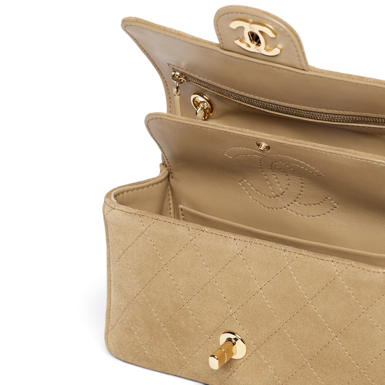 Chanel Chanel Mini Flap Bag Suede Calfskin & Gold-Tone Metal Dark Beige – detail view in premium quality with AA+ craftsmanship