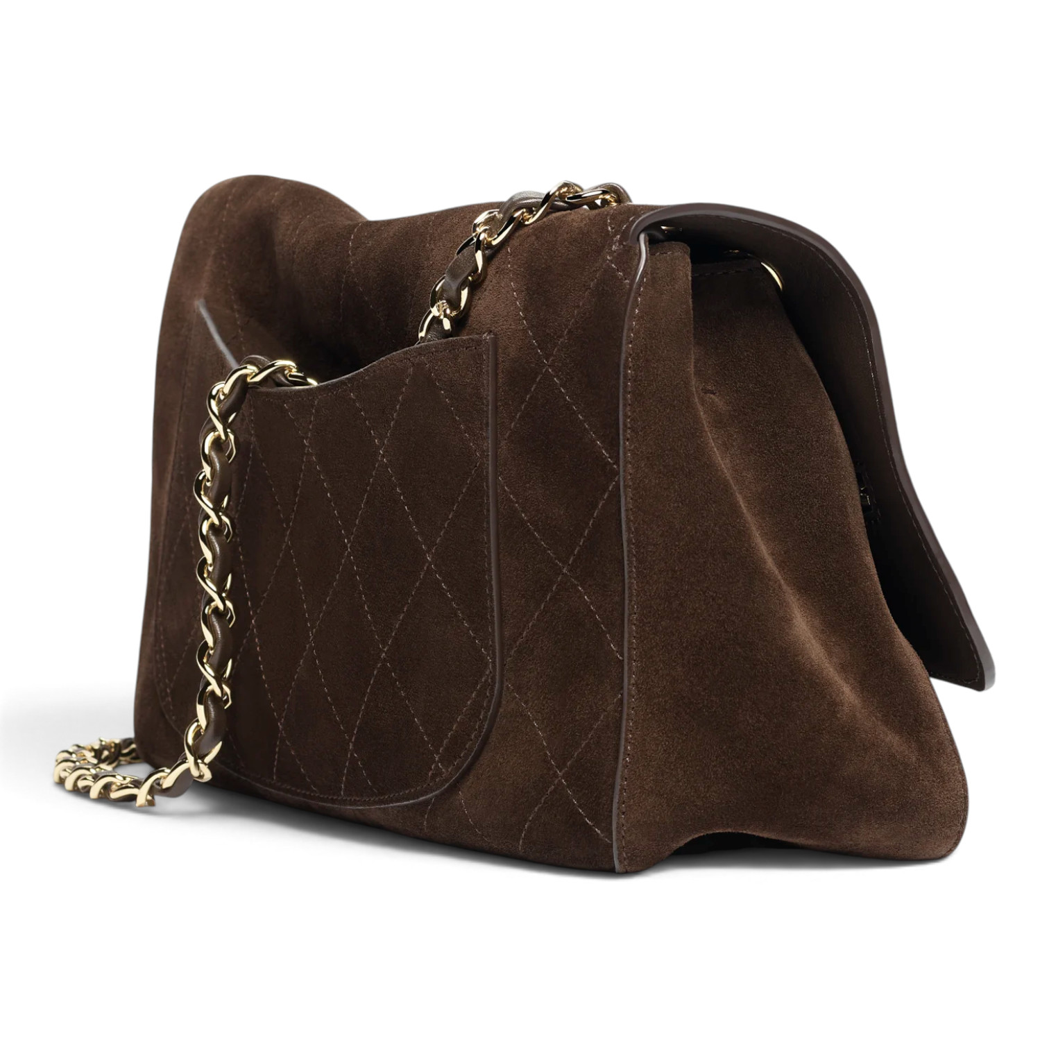Chanel Chanel Maxi Flap Bag Suede Calfskin & Gold-Tone Metal Dark Brown – detail view in premium quality with AA+ craftsmanship