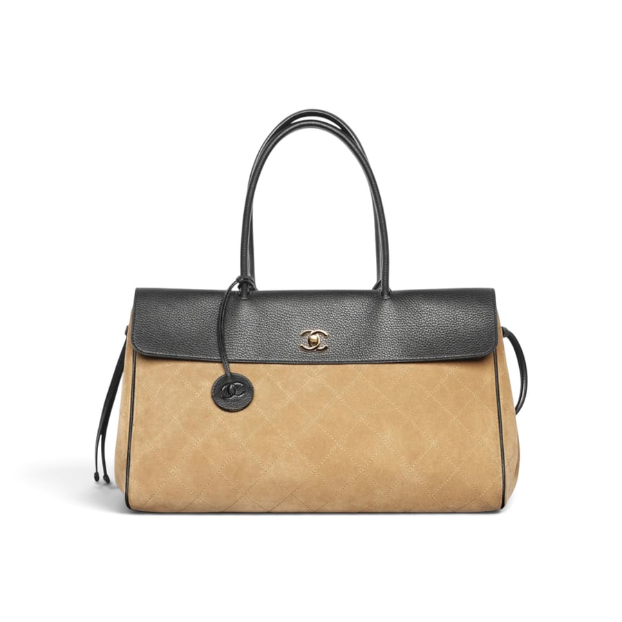 Chanel Large Tote Suede Calfskin, Grained Calfskin & Gold-Tone Metal Dark Beige & Black