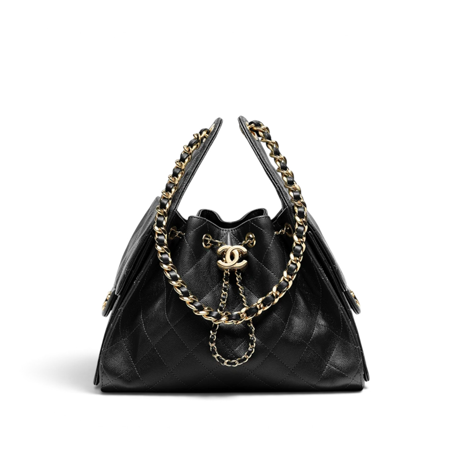 Chanel Chanel 25 Small Handbag Grained Calfskin & Gold-Tone Metal Black – side profile view in premium quality with AA+ craftsmanship