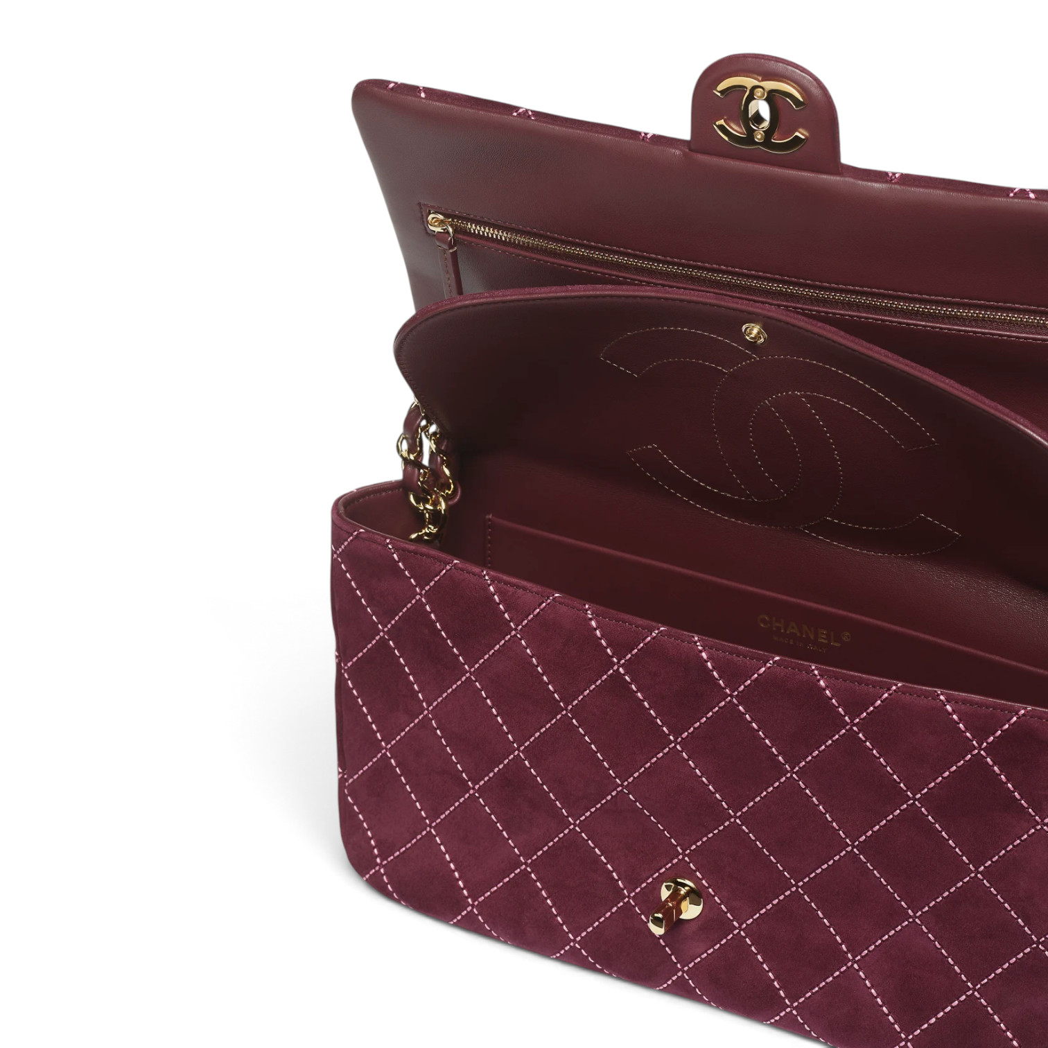Chanel Chanel Maxi Flap Bag Suede Calfskin & Gold-Tone Metal Burgundy – detail view in premium quality with AA+ craftsmanship