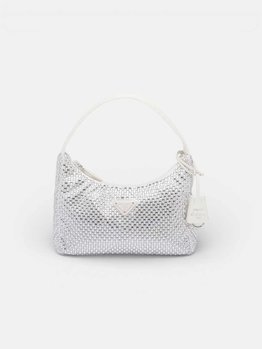 Prada Re-Edition Mini Satin Bag with Crystals White