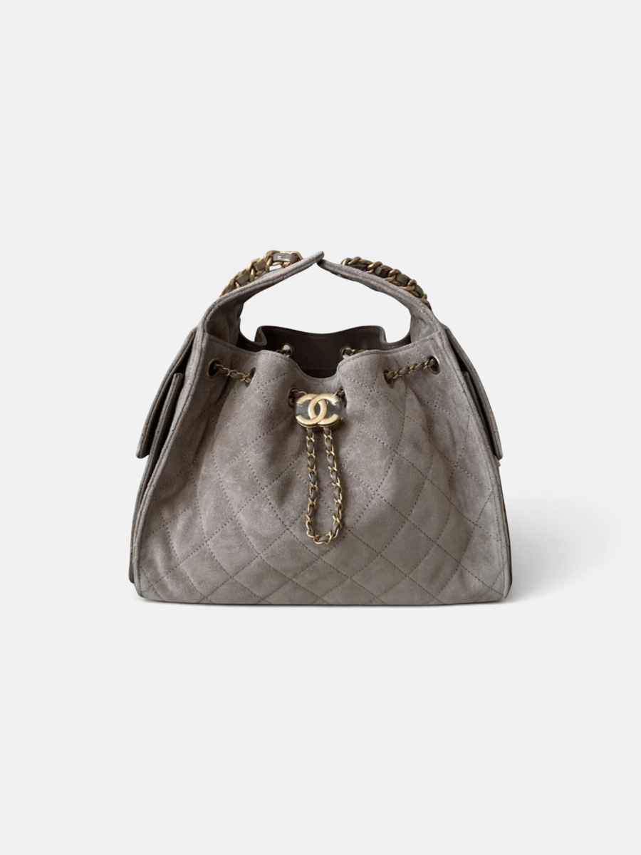 Chanel 25 Small Handbag Suede & Gold Tone Metal in Grey