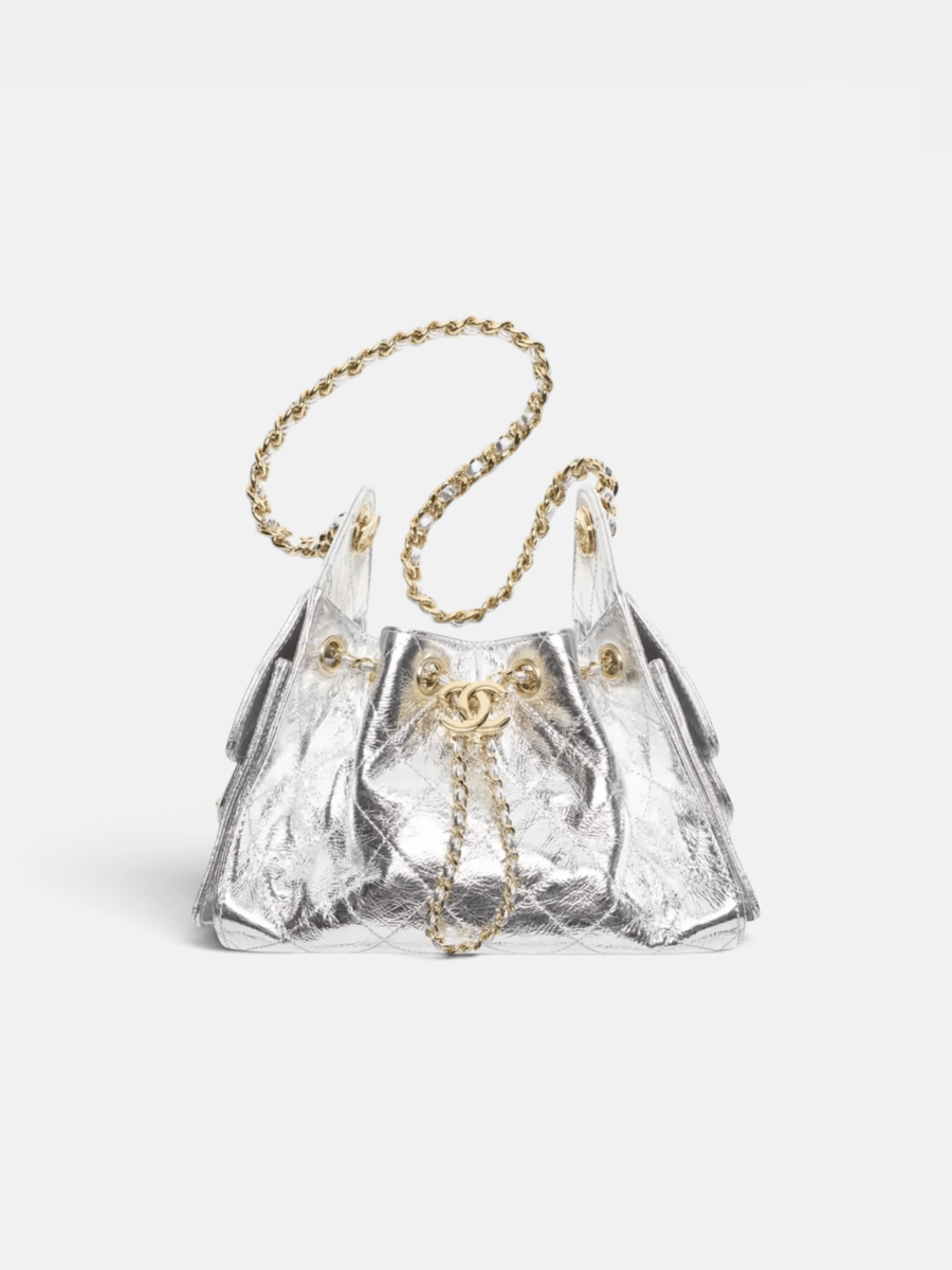 Chanel 25 Mini Handbag Metallic Calfskin in Silver - Preview