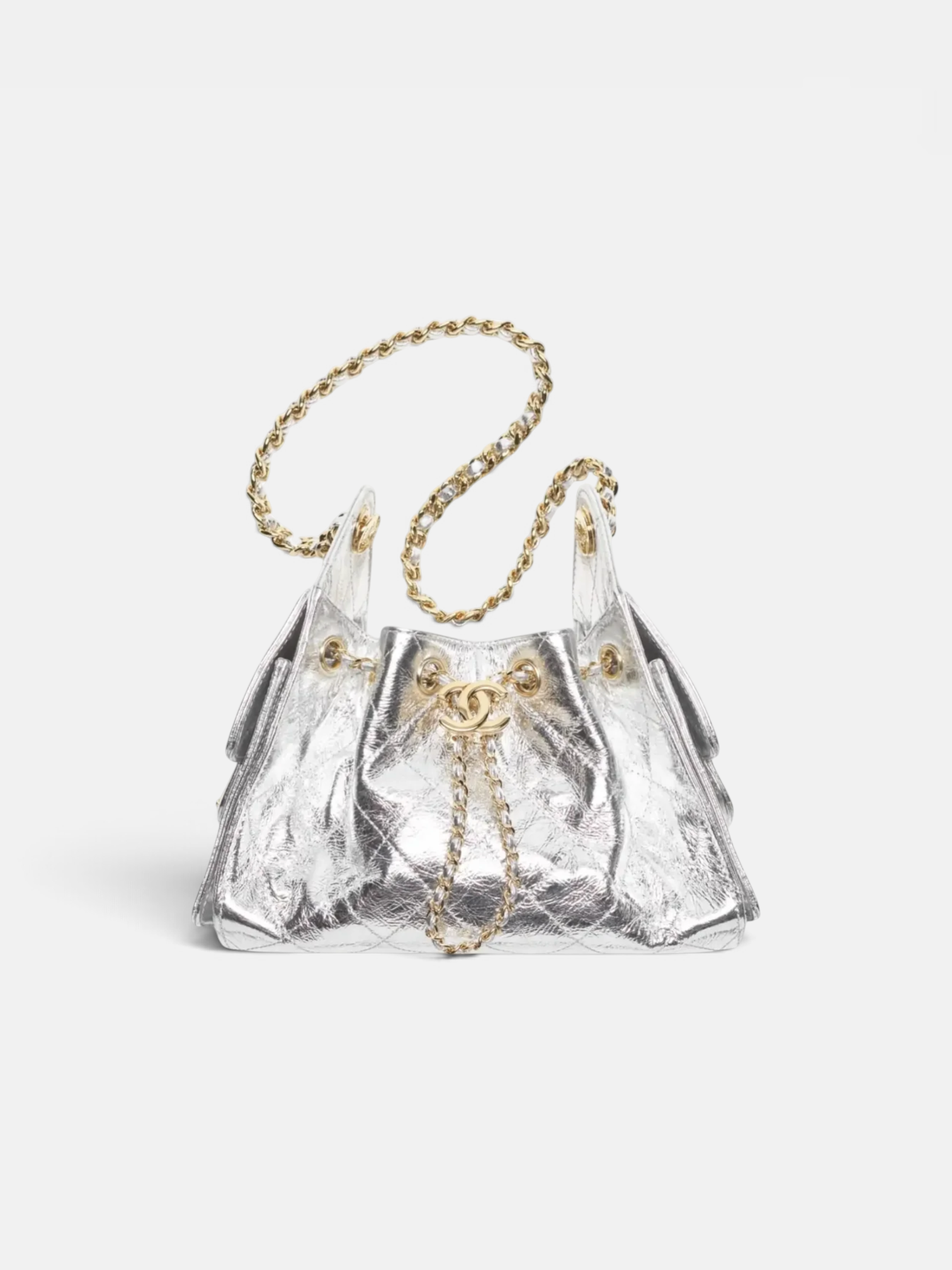 Chanel Chanel 25 Mini Handbag Metallic Calfskin in Silver – side profile view in premium quality with AA+ craftsmanship