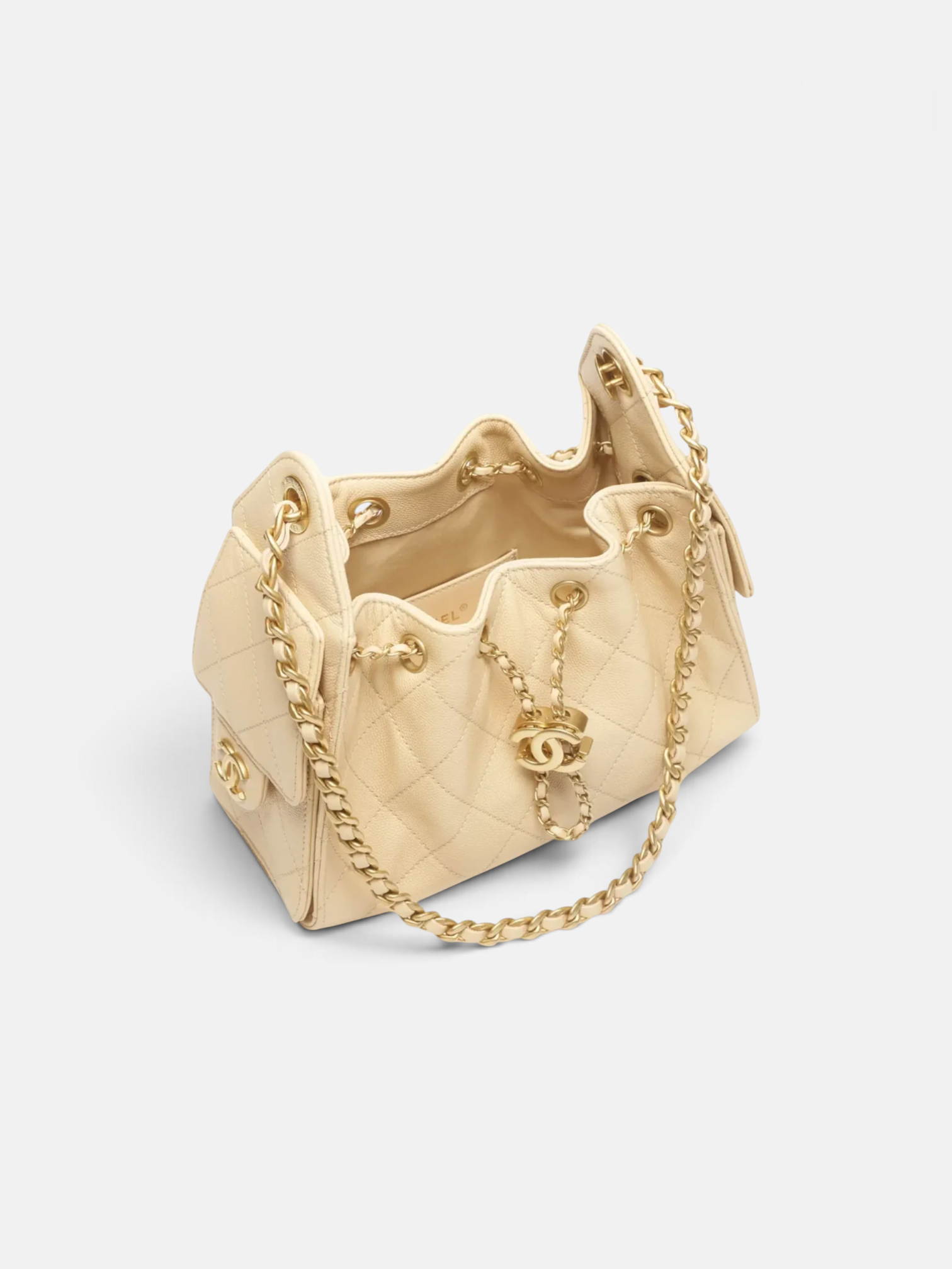 Chanel Chanel 25 Mini Handbag Grained Calfskin & Gold-Tone Metal in Beige – close-up detail view in premium quality with AA+ craftsmanship
