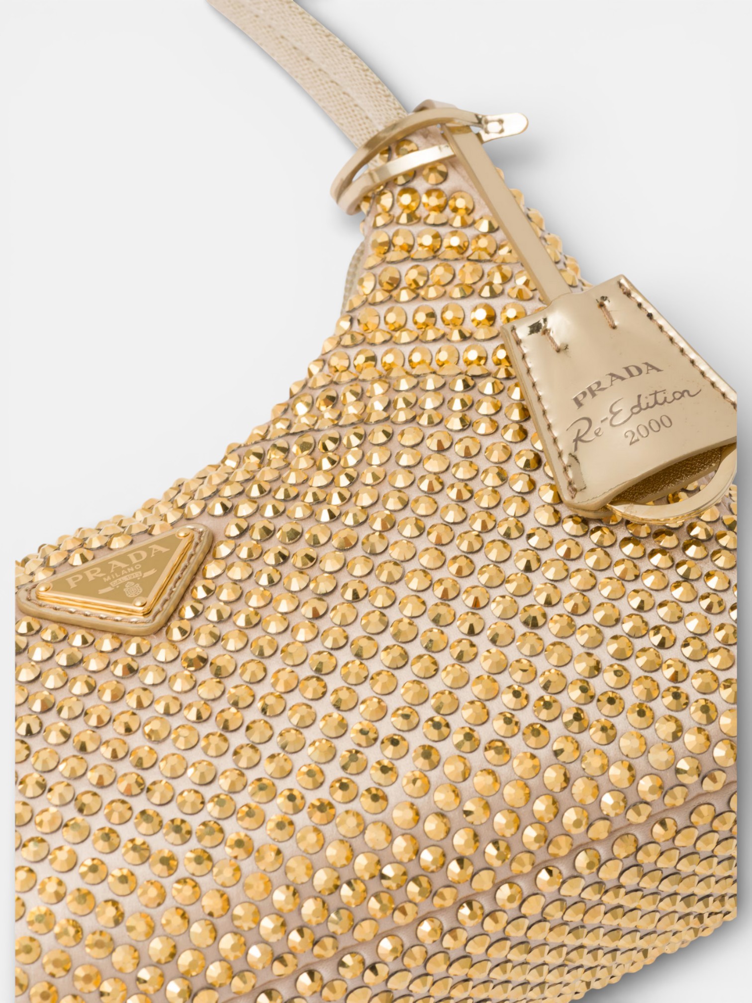 Prada Prada Re-Edition Mini Satin Bag with Crystals Platinum – detail view in premium quality with AA+ craftsmanship
