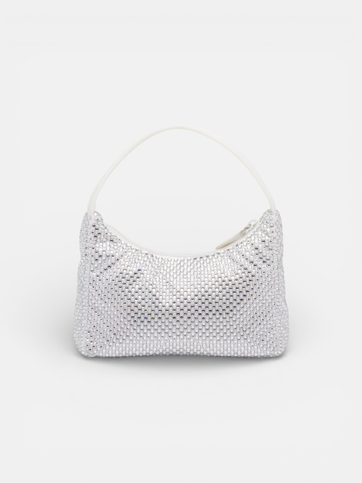 Prada Prada Re-Edition Mini Satin Bag with Crystals White – close-up detail view in premium quality with AA+ craftsmanship