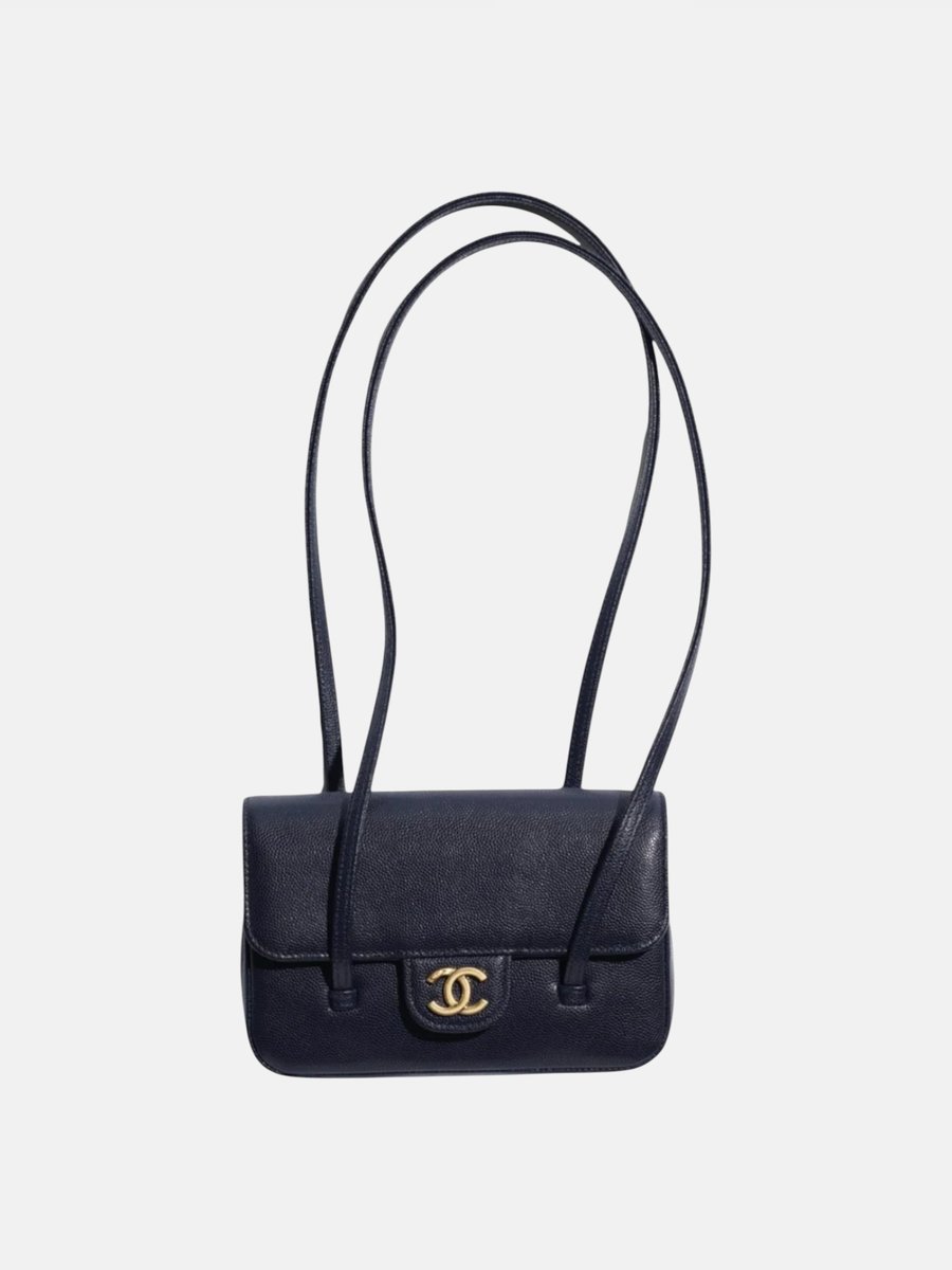 Chanel Clutch With Leather Strap Grained Shiny Calfskin & Gold Tone Metal Dark Blue