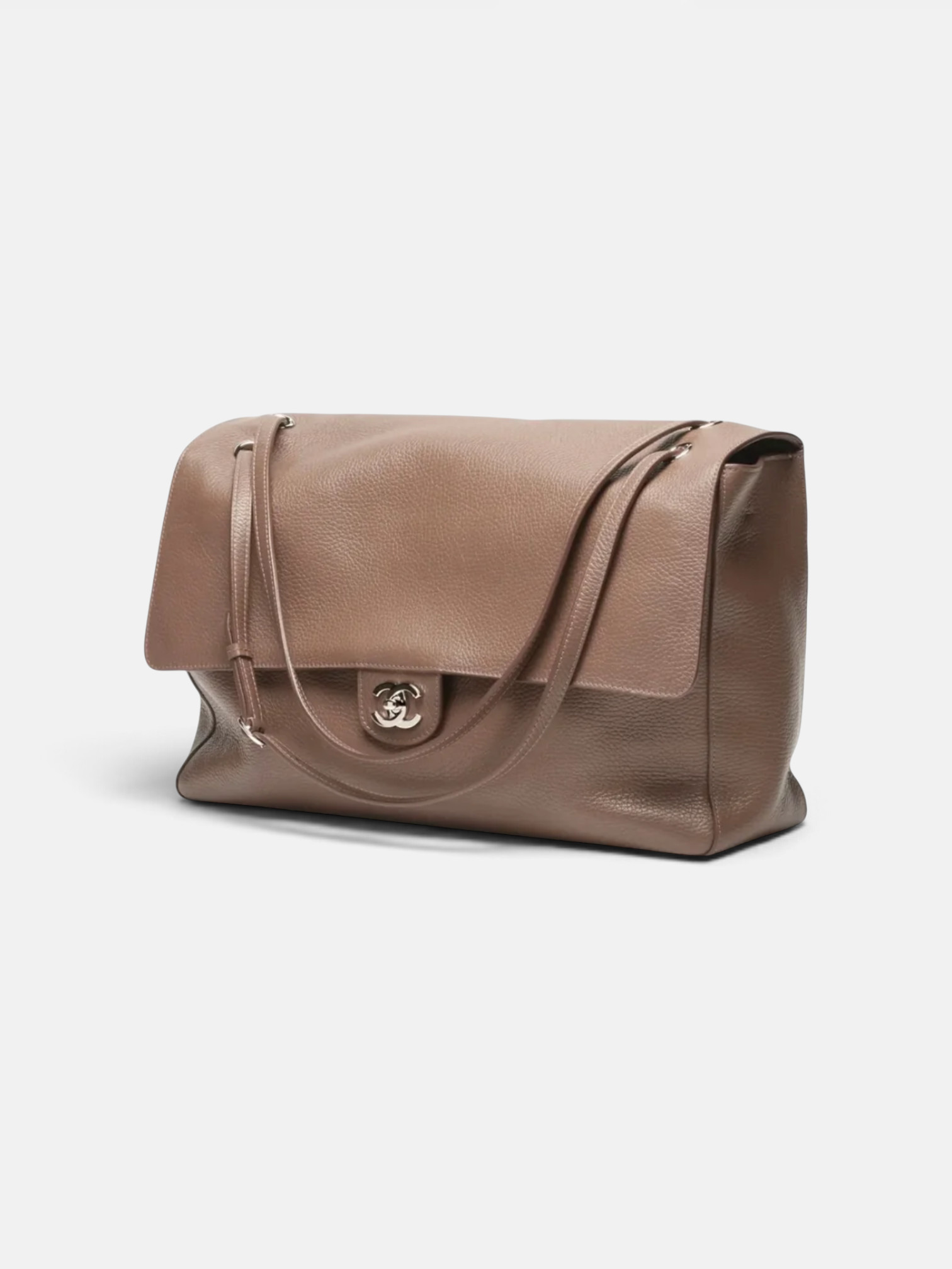 Chanel Chanel Maxi Flapbag in Grained Calfskin & Silver Metal Light Brown – side profile view in premium quality with AA+ craftsmanship