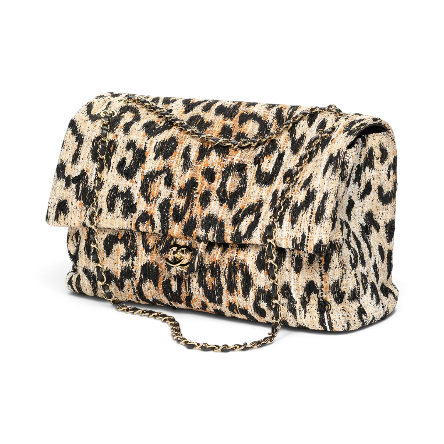 Chanel Chanel Maxi Flap Bag Tweed, Mixed Fibers & Gold-Tone Metal Brown, Black & White – back view in premium quality with AA+ craftsmanship