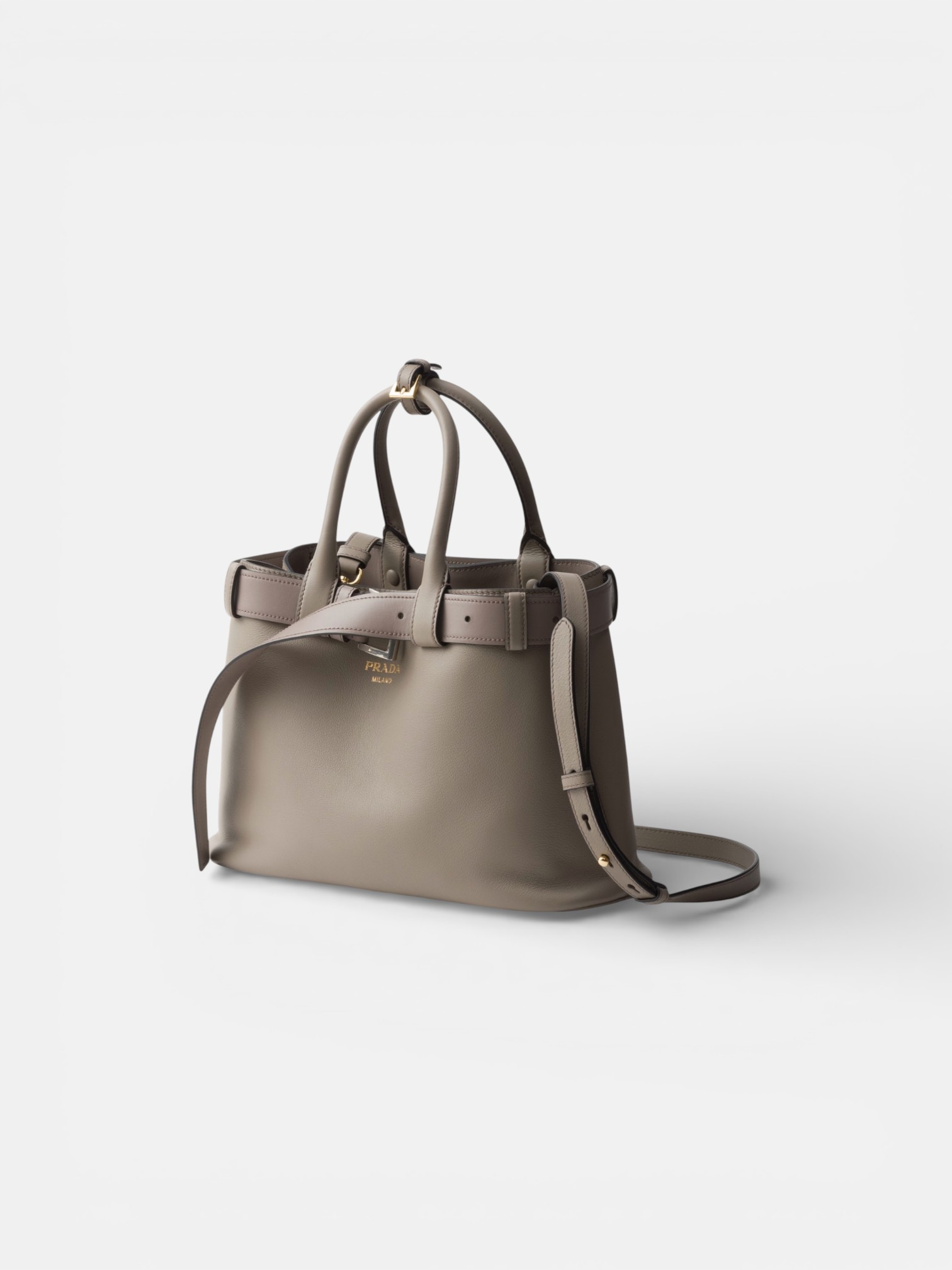 Prada Prada Buckle Small Leather Handbag Clay Grey – side profile view in premium quality with AA+ craftsmanship
