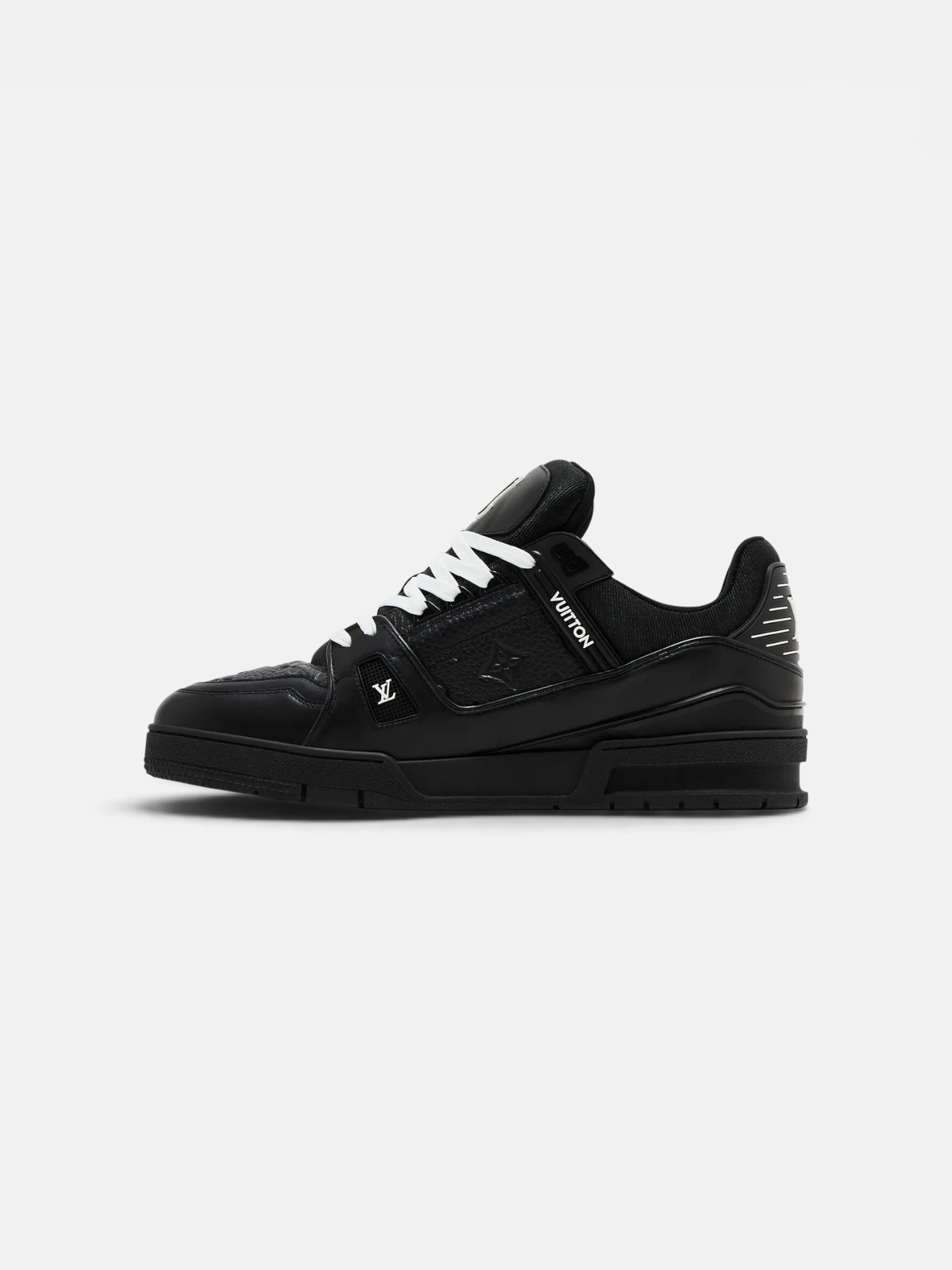 Louis Louis Vuitton Trainer Embossed Monogram Black – side profile view in premium quality with AA+ craftsmanship