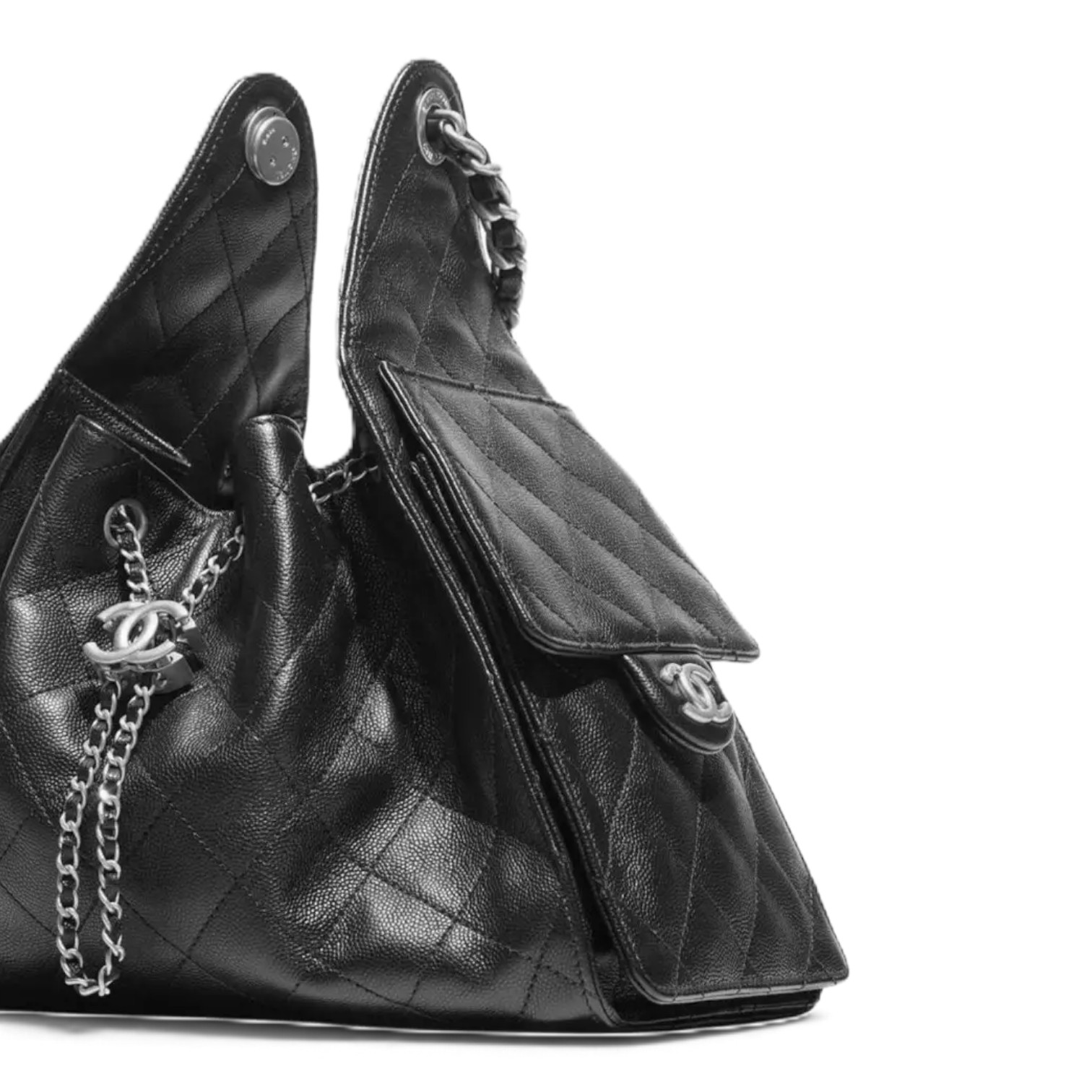 Chanel Chanel 25 Small Handbag Grained Calfskin & Silver-Tone Metal Black – detail view in premium quality with AA+ craftsmanship