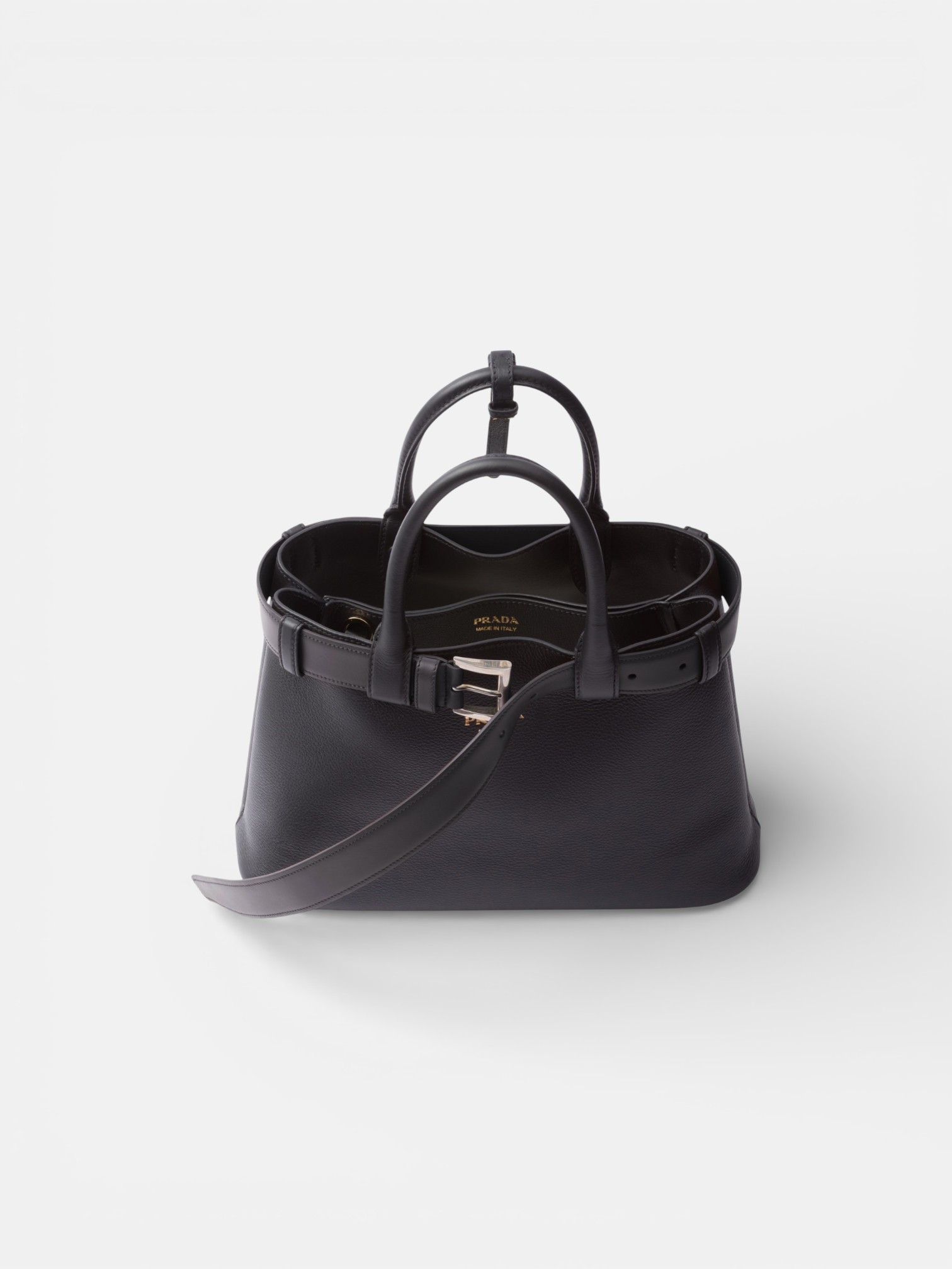Prada Prada Buckle Small Leather Handbag Black – back view in premium quality with AA+ craftsmanship