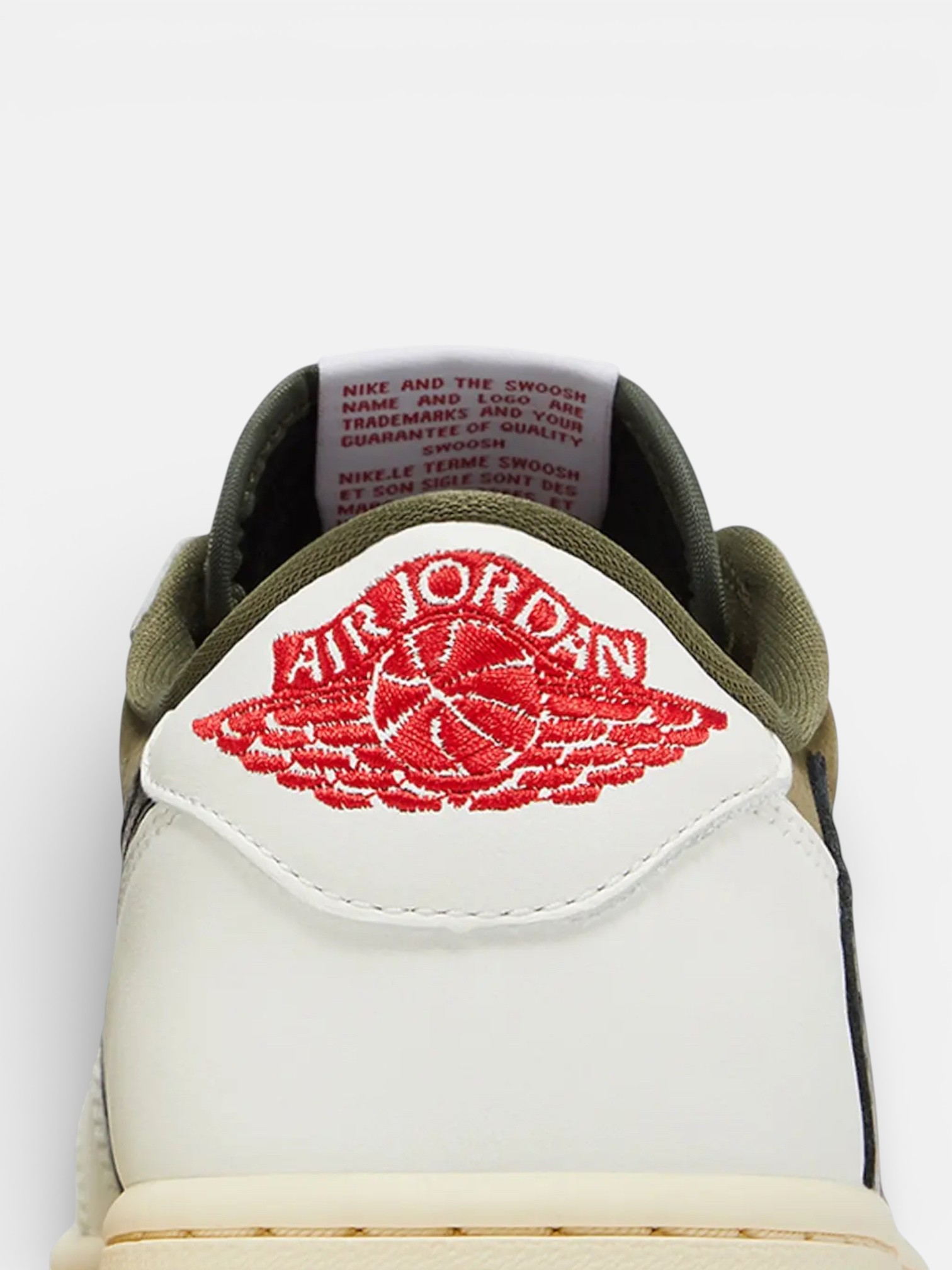 Jordan Jordan 1 Low Travis Scott Medium Olive – detail view in premium quality with AA+ craftsmanship