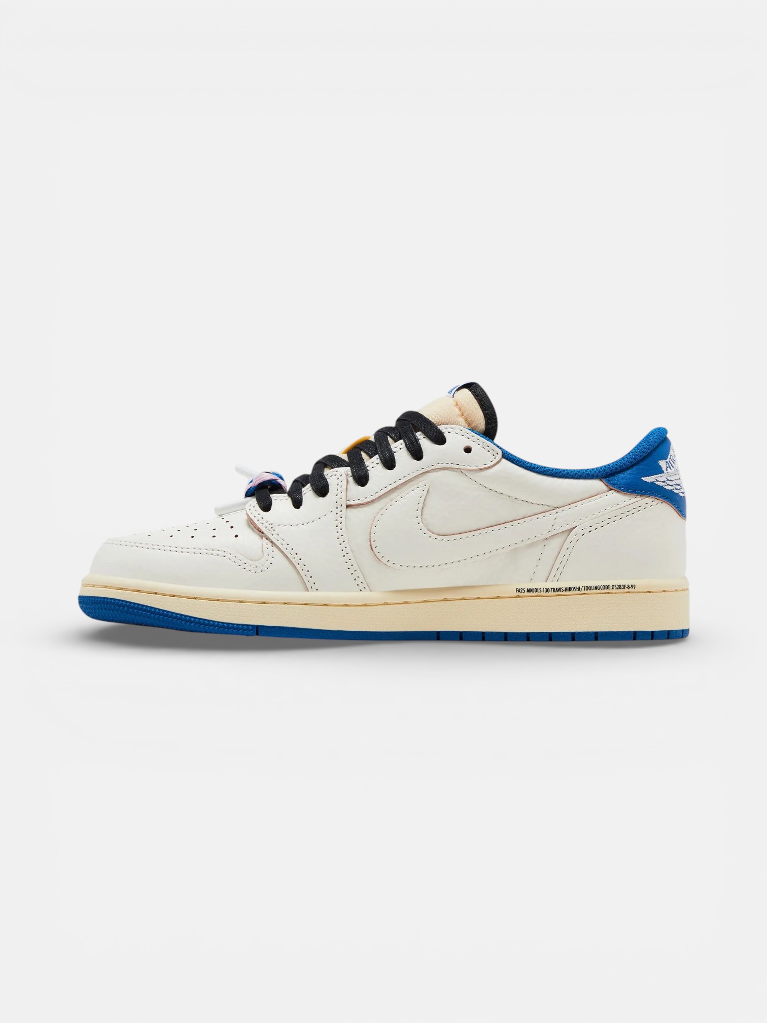 Jordan Jordan 1 Travis Scott Low OG SP Sail Military Blue – close-up detail view in premium quality with AA+ craftsmanship