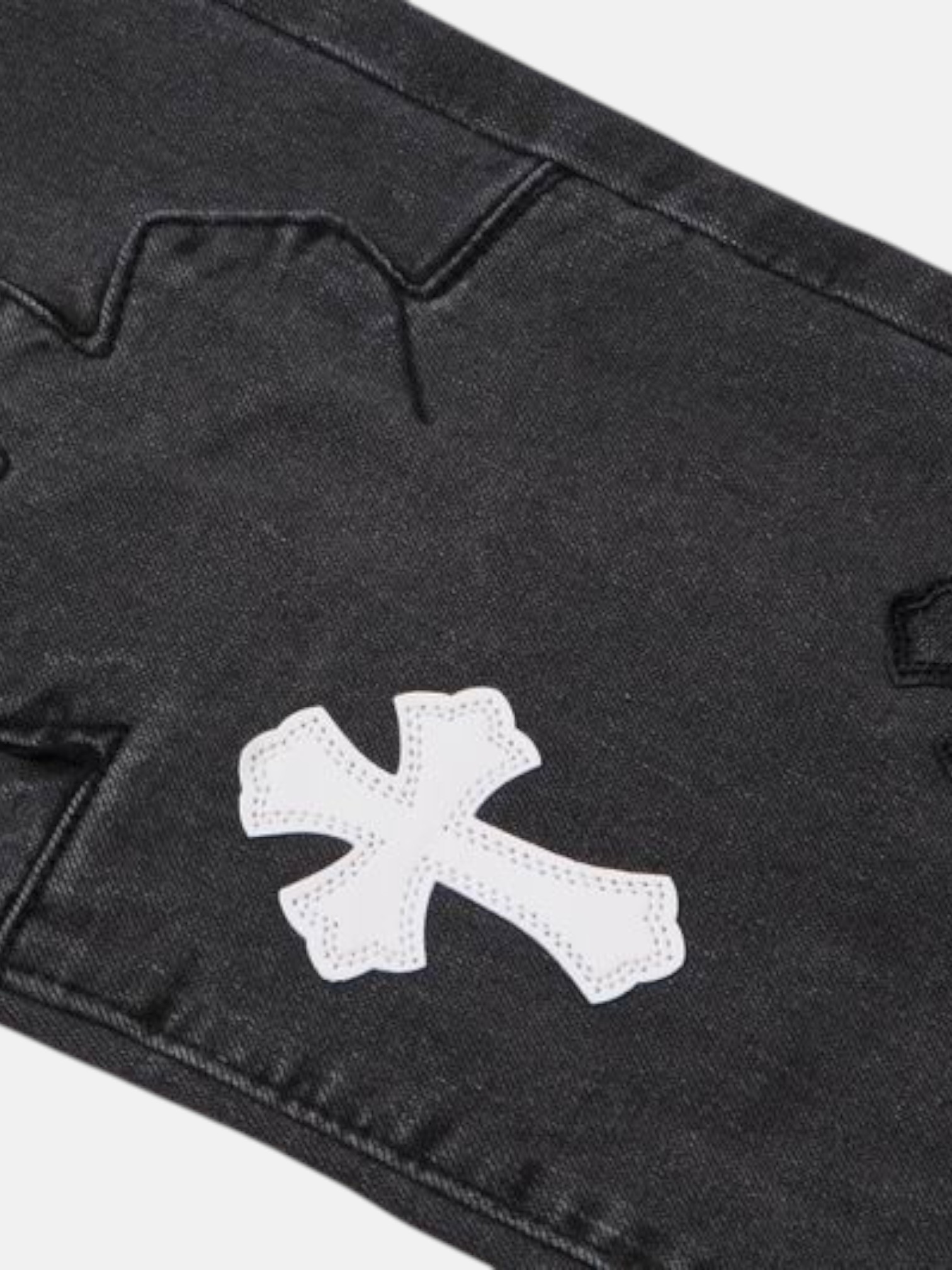 Chrome Chrome Hearts Cathedral Cross Jeans Charcoal – detail view in premium quality with AA+ craftsmanship