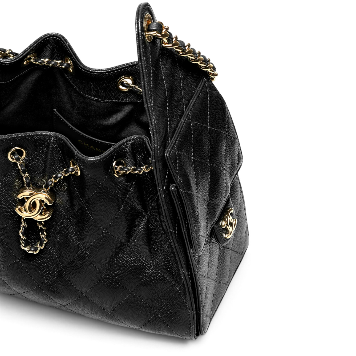 Chanel Chanel 25 Small Handbag Grained Calfskin & Gold-Tone Metal Black – detail view in premium quality with AA+ craftsmanship
