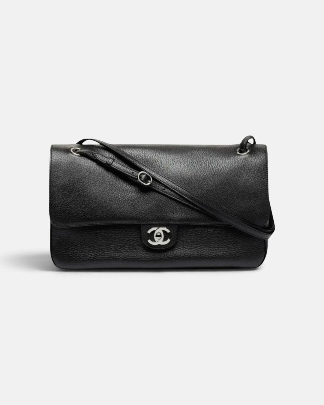 Chanel Chanel Maxi Flap Bag Black Grained Calfskin & Silver Metal – side profile view in premium quality with AA+ craftsmanship