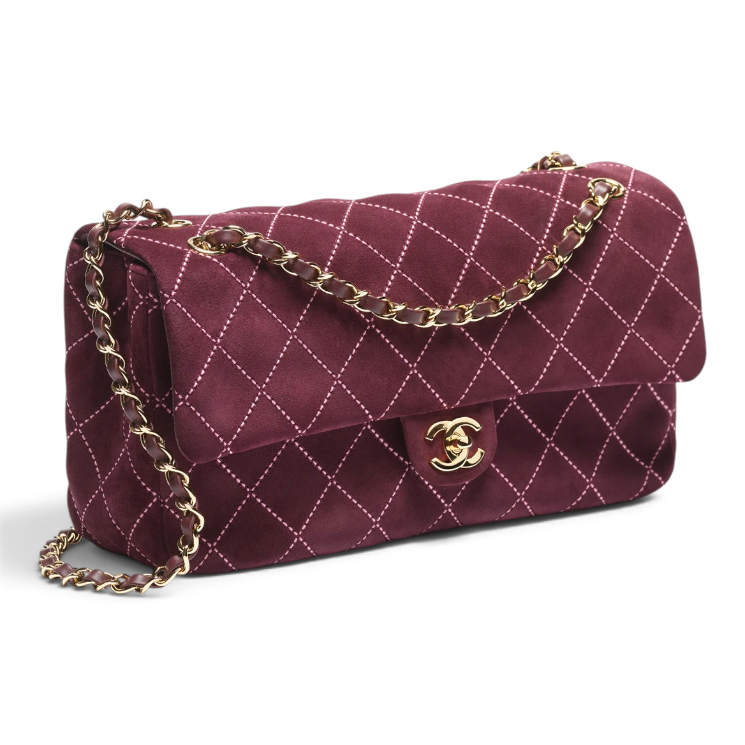 Chanel Chanel Maxi Flap Bag Suede Calfskin & Gold-Tone Metal Burgundy – close-up detail view in premium quality with AA+ craftsmanship