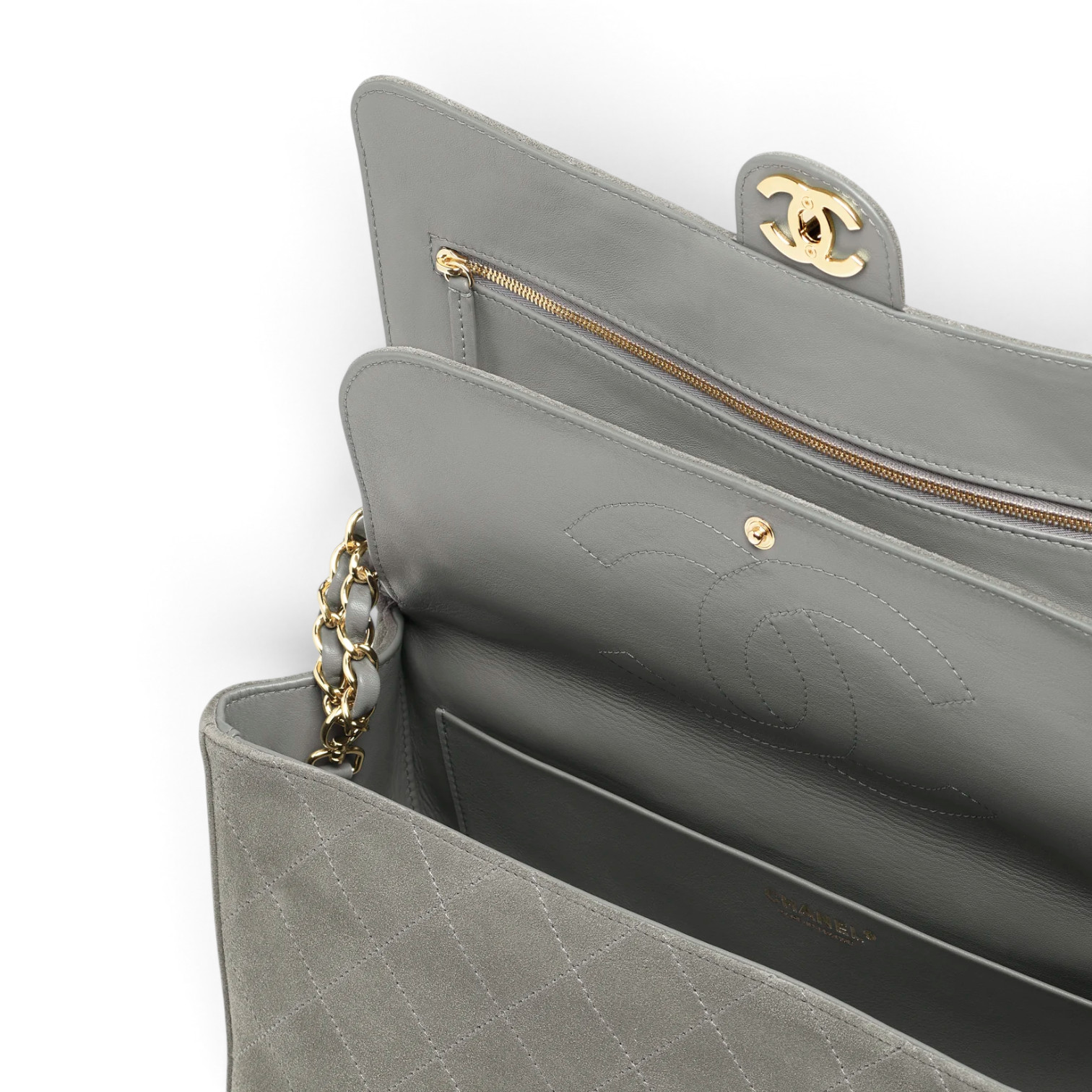 Chanel Chanel Maxi Flap Bag Suede Calfskin & Gold Metal Dark Grey – detail view in premium quality with AA+ craftsmanship