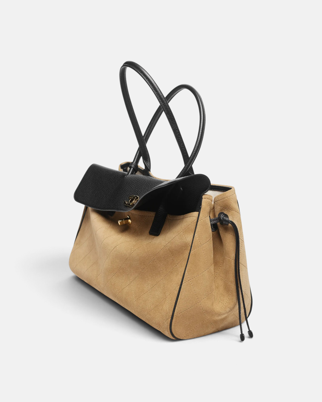 Chanel Chanel Large Tote Suede Calfskin, Grained Calfskin & Gold-Tone Metal Dark Beige & Black – back view in premium quality with AA+ craftsmanship
