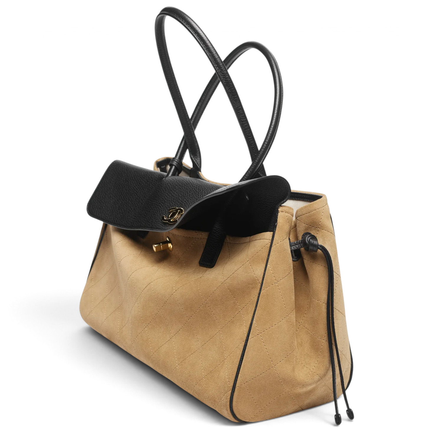Chanel Chanel Large Tote Suede Calfskin, Grained Calfskin & Gold-Tone Metal Dark Beige & Black – detail view in premium quality with AA+ craftsmanship