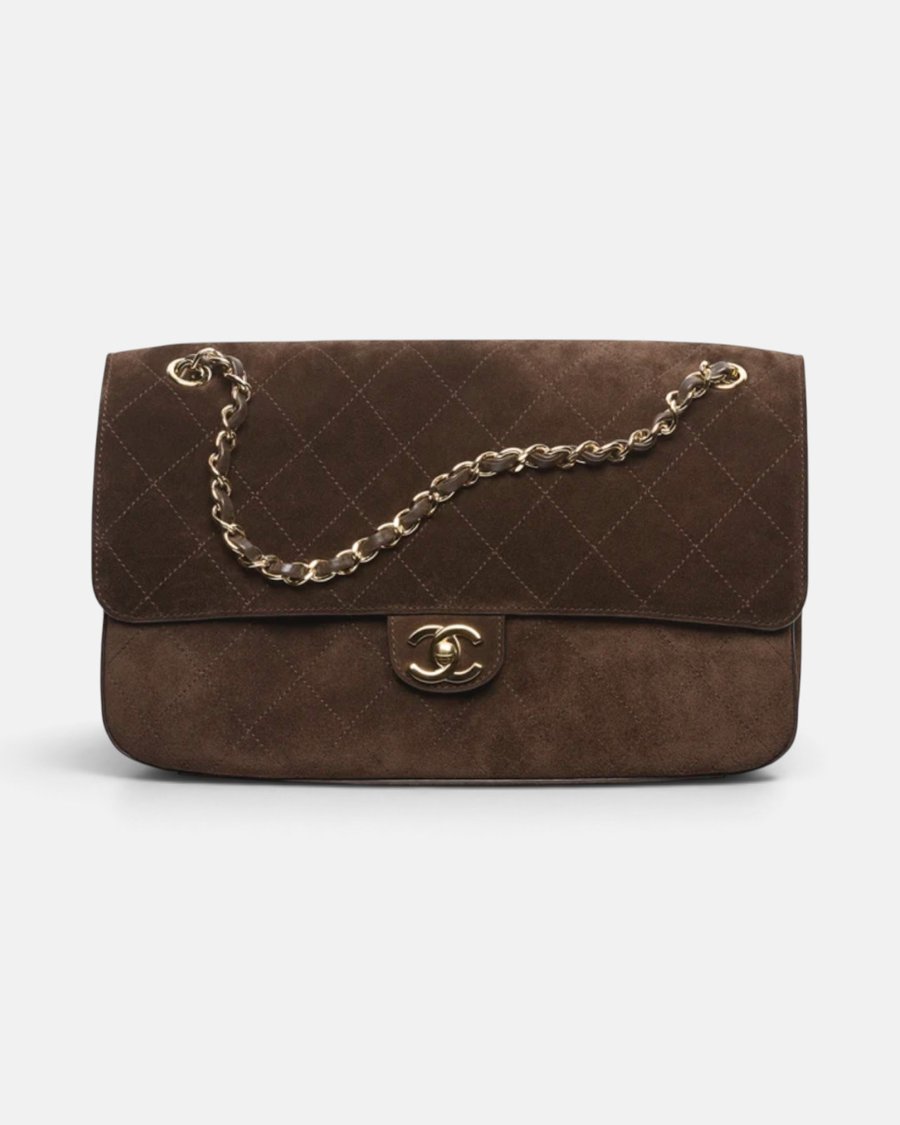 Chanel Maxi Flap Bag Suede Calfskin & Gold-Tone Metal Dark Brown