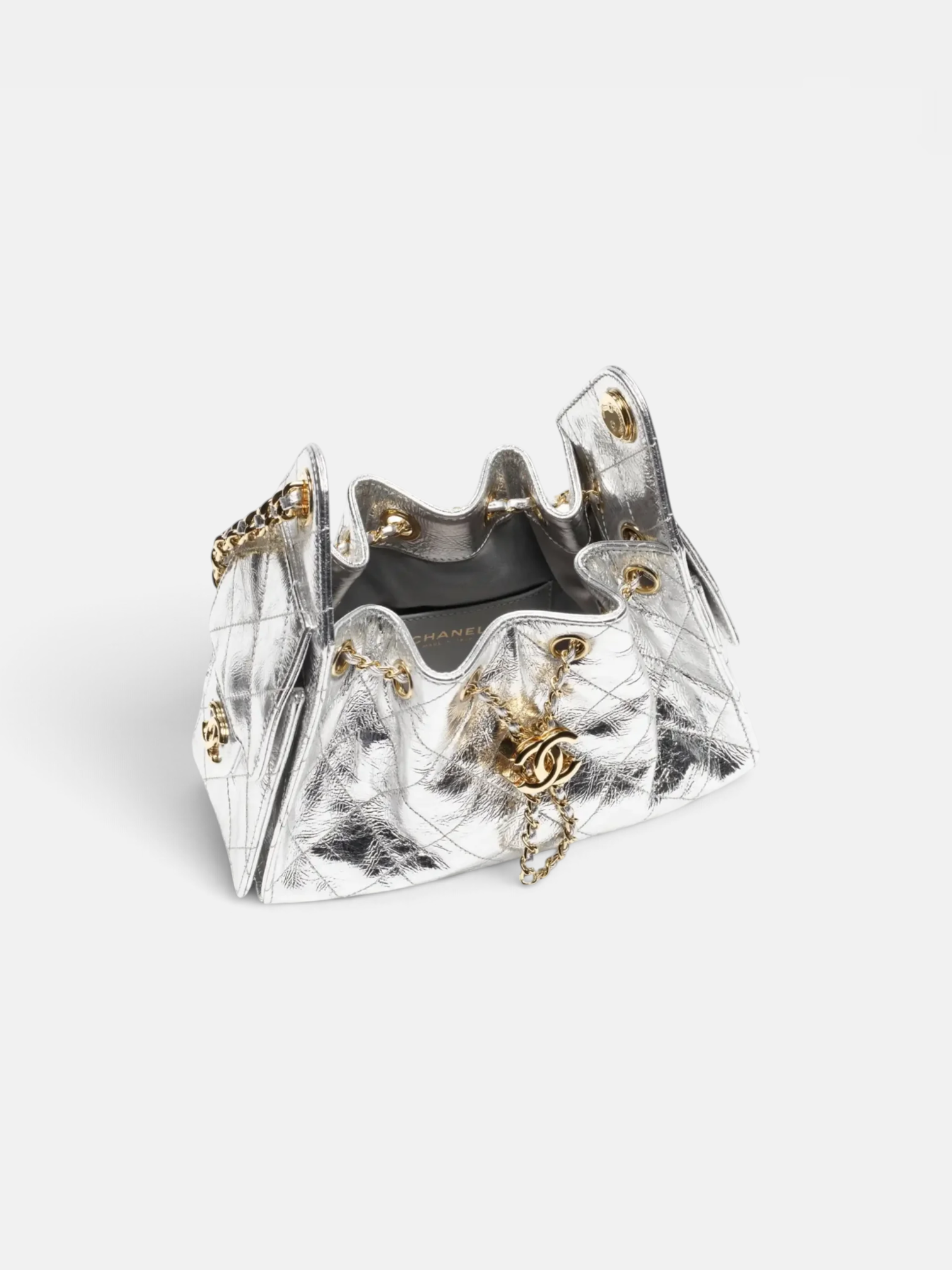Chanel Chanel 25 Mini Handbag Metallic Calfskin in Silver – close-up detail view in premium quality with AA+ craftsmanship