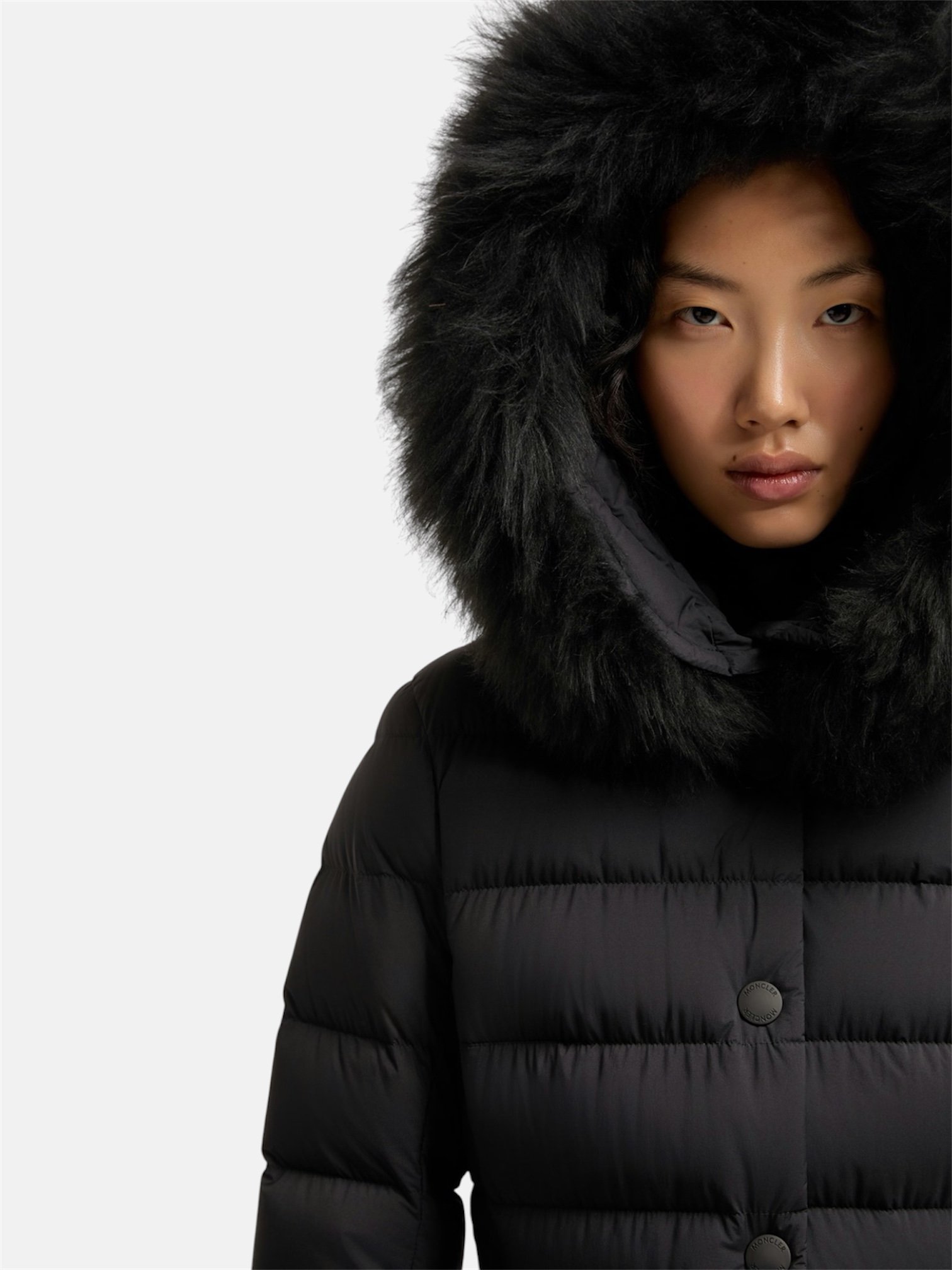Moncler Moncler Armoniques Hooded Shearling-Trimmed Down Ski Jacket Black – close-up detail view in premium quality with AA+ craftsmanship