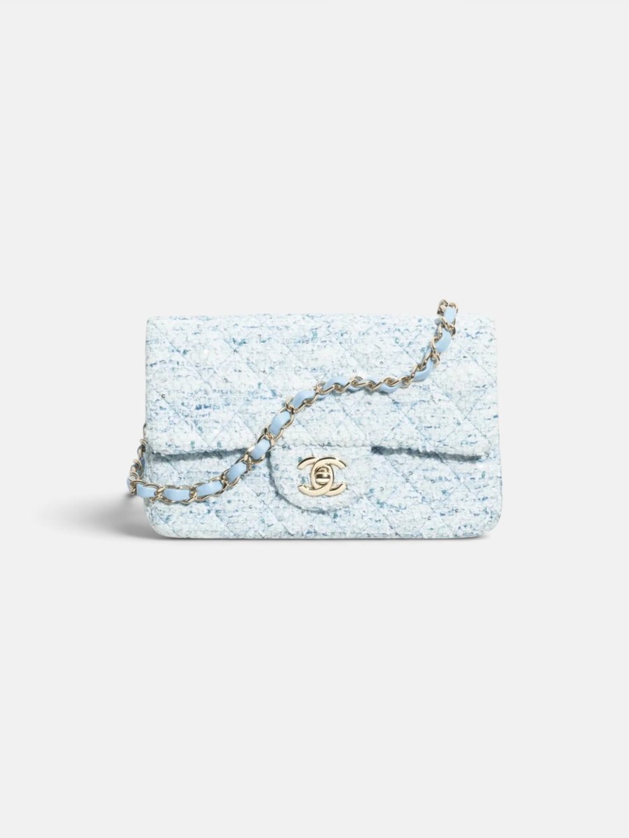 Chanel Mini Classic Handbag Tweed & Fabrics With Gold Metal Blue, White & Silver