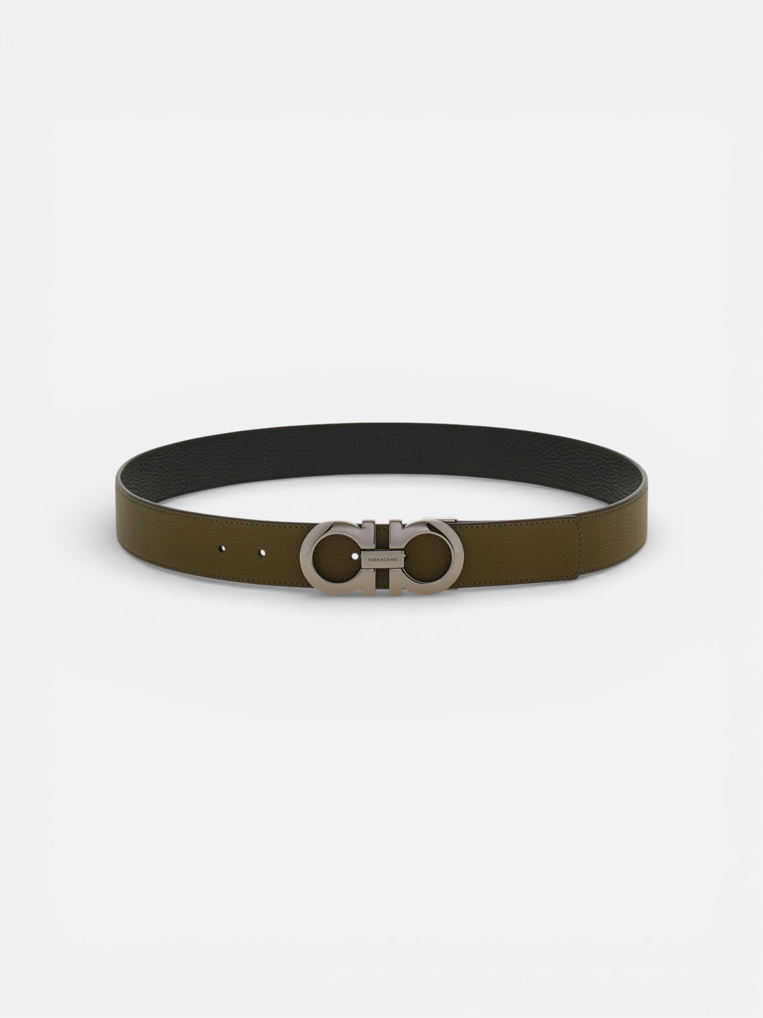 Ferregamo Ferregamo Reversible and Adjustable Belt Olive Green Black – close-up detail view in premium quality with AA+ craftsmanship