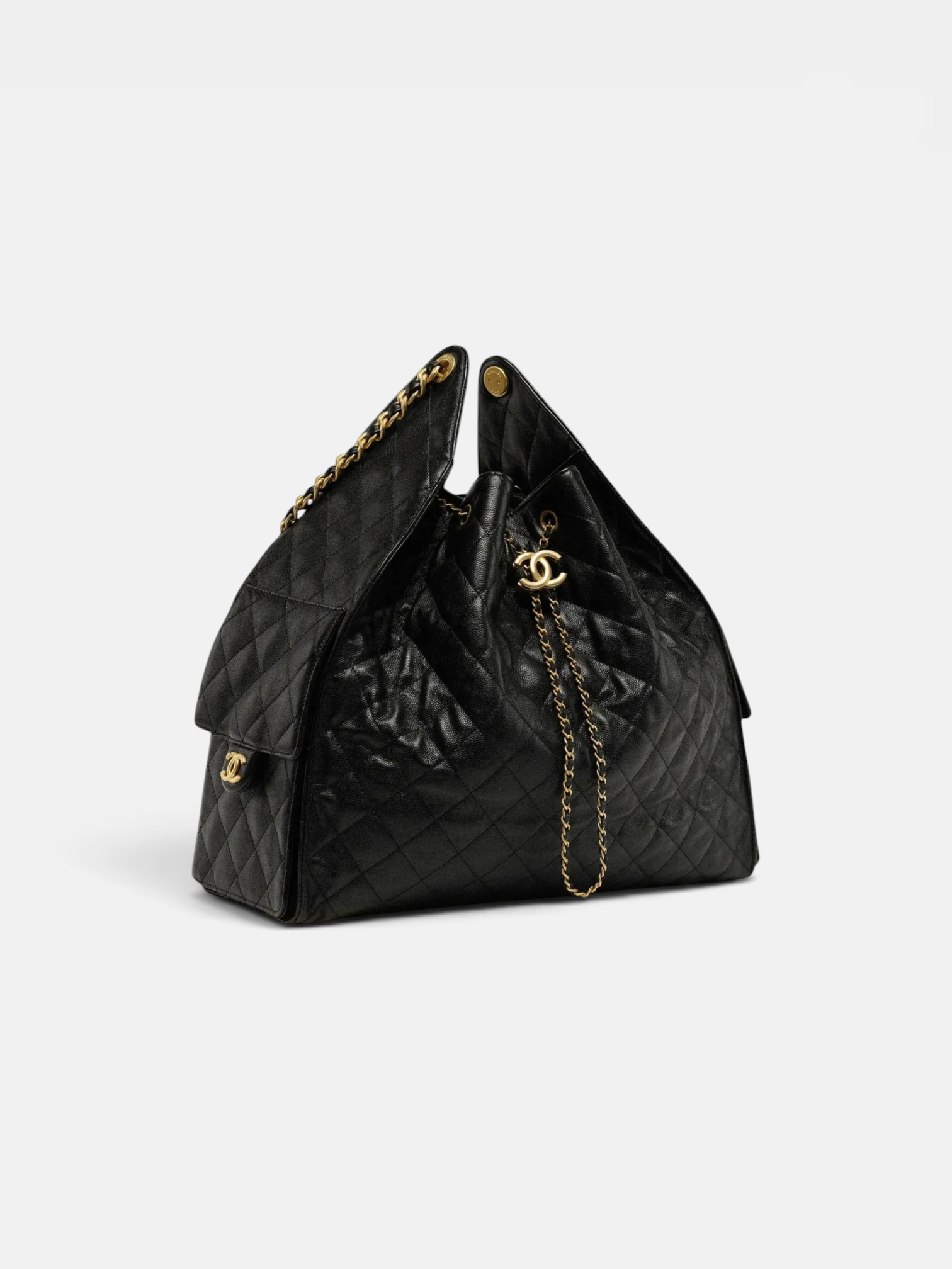 Chanel Chanel 25 Large Handbag Grained Calfskin & Gold Tone Metal in Black – side profile view in premium quality with AA+ craftsmanship