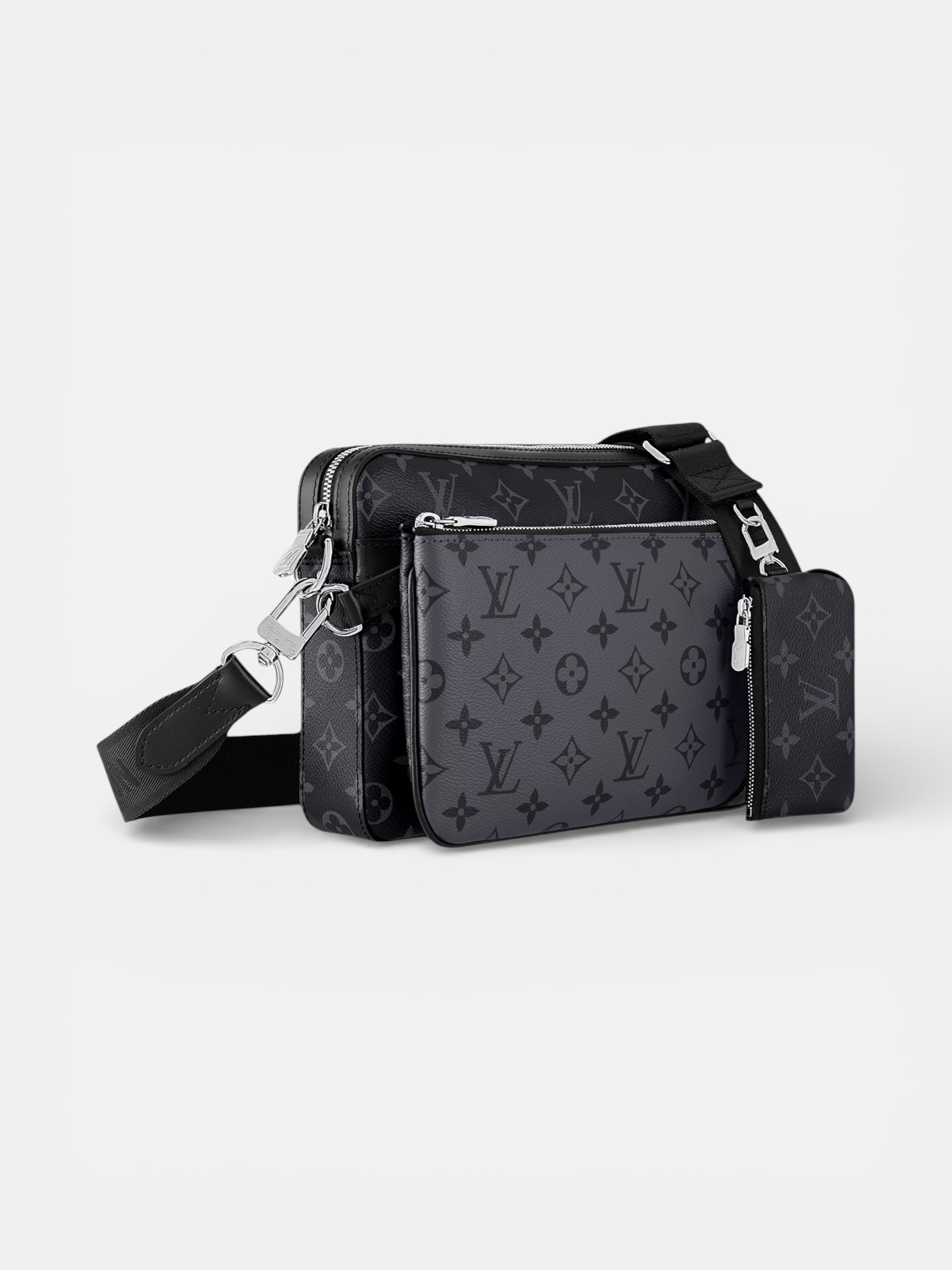 Louis Louis Vuitton Trio Messenger Bag Monogram Eclipse – side profile view in premium quality with AA+ craftsmanship