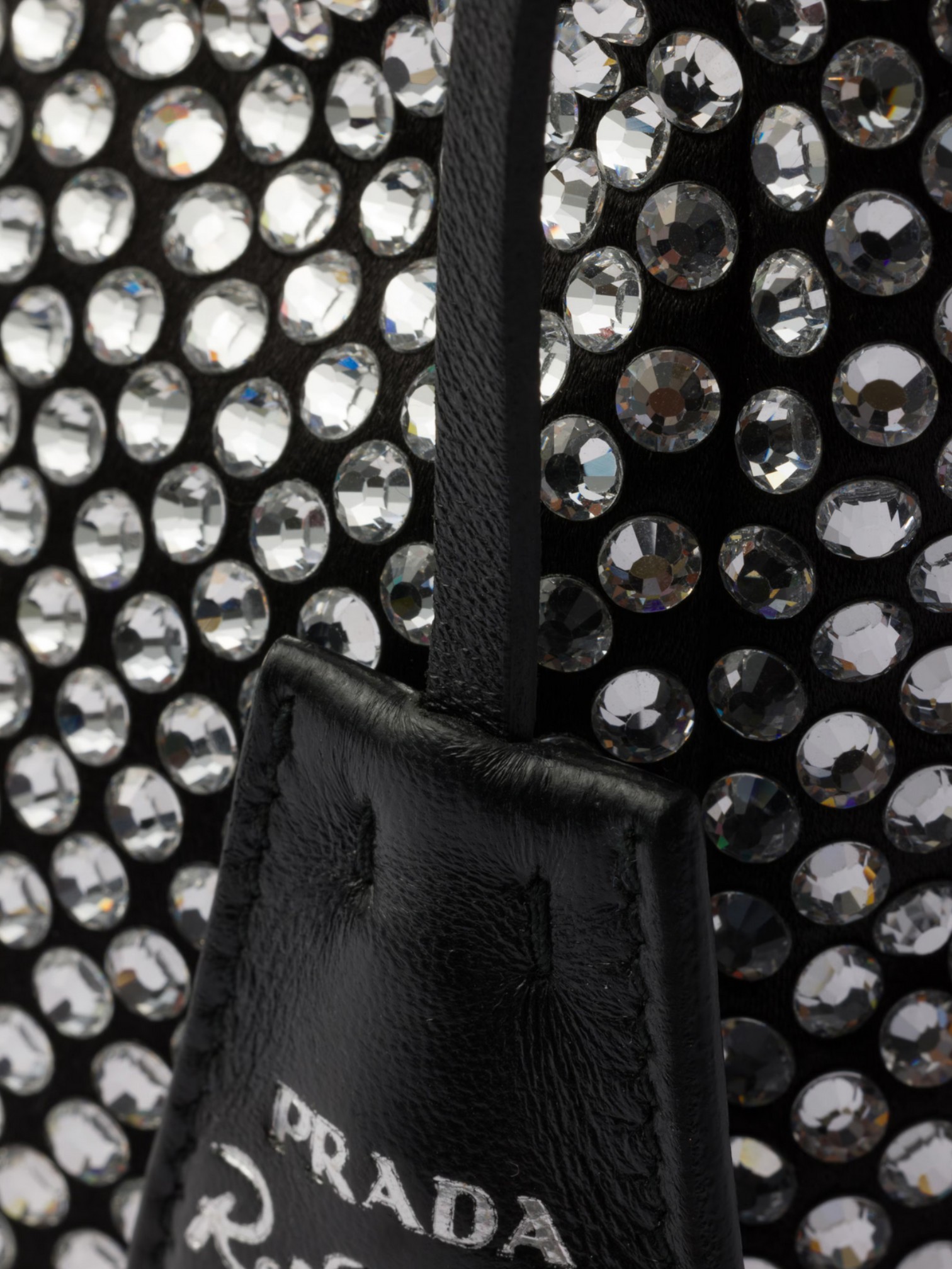 Prada Prada Re-Edition Mini Satin Bag with Crystals Black – detail view in premium quality with AA+ craftsmanship