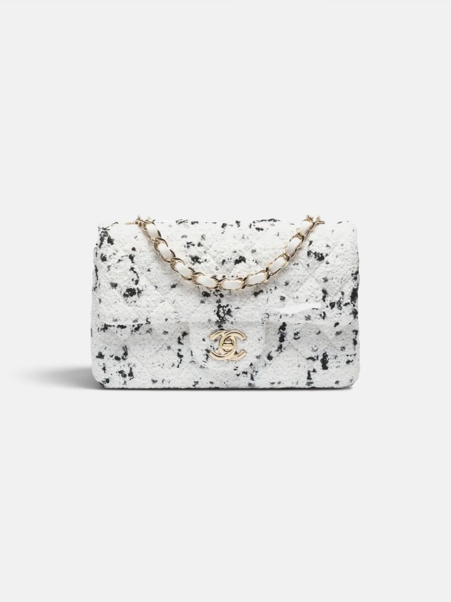 Chanel Mini Classic Handbag Tweed & Fabrics With Gold Metal White/Black