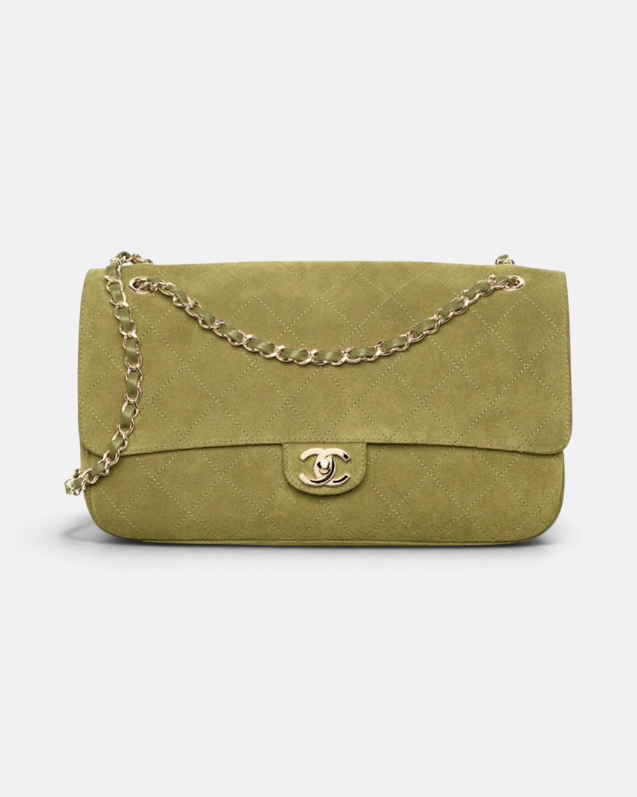 Chanel Maxi Flap Bag Suede Calfskin & Gold Metal Khaki - Preview