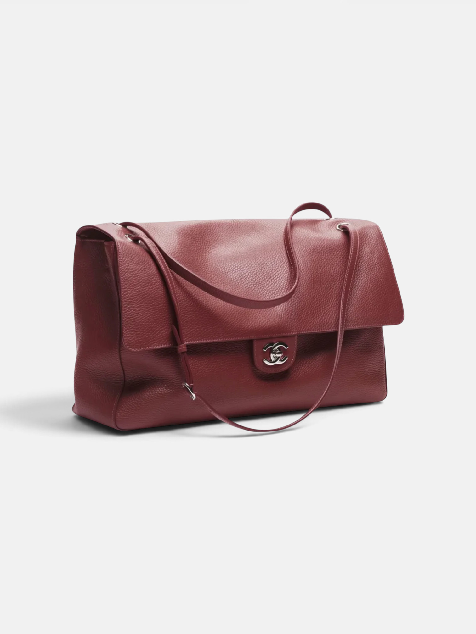 Chanel Chanel Maxi Flapbag in Grained Calfskin & Silver Metal Dark Burgundy – side profile view in premium quality with AA+ craftsmanship