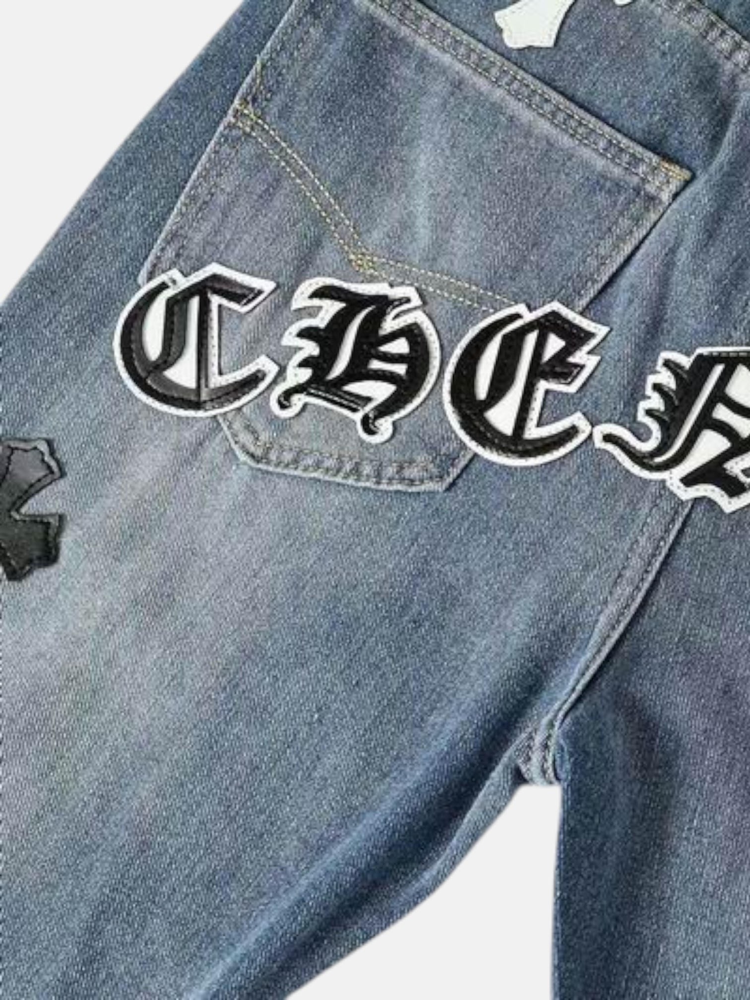 Chrome Chrome Hearts Archive Cross Jeans Blue – detail view in premium quality with AA+ craftsmanship