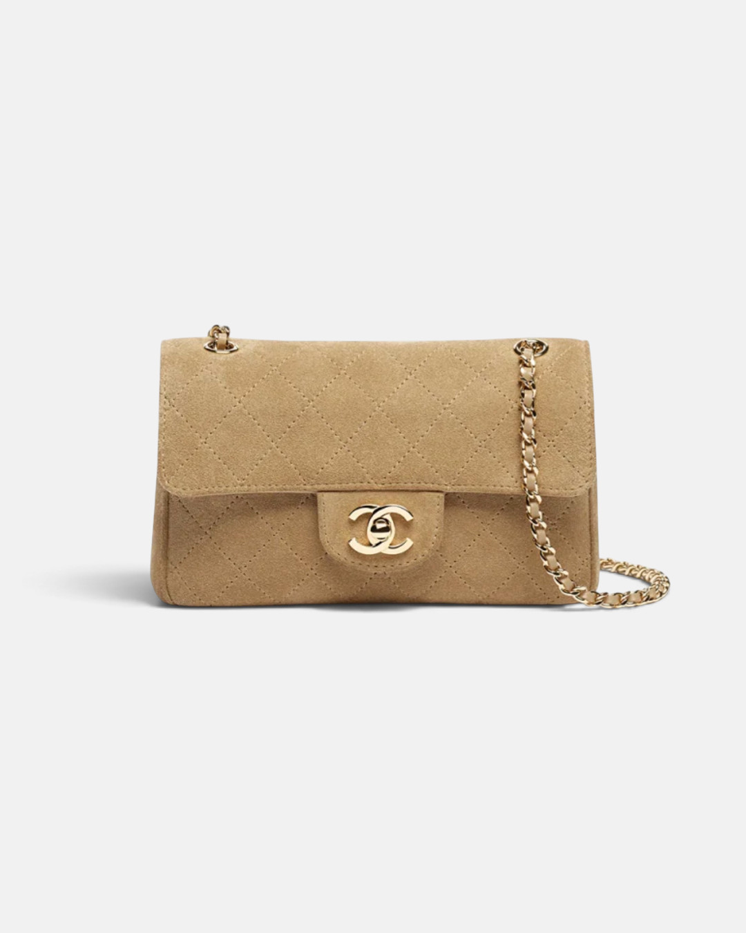 Chanel Chanel Mini Flap Bag Suede Calfskin & Gold-Tone Metal Dark Beige – side profile view in premium quality with AA+ craftsmanship