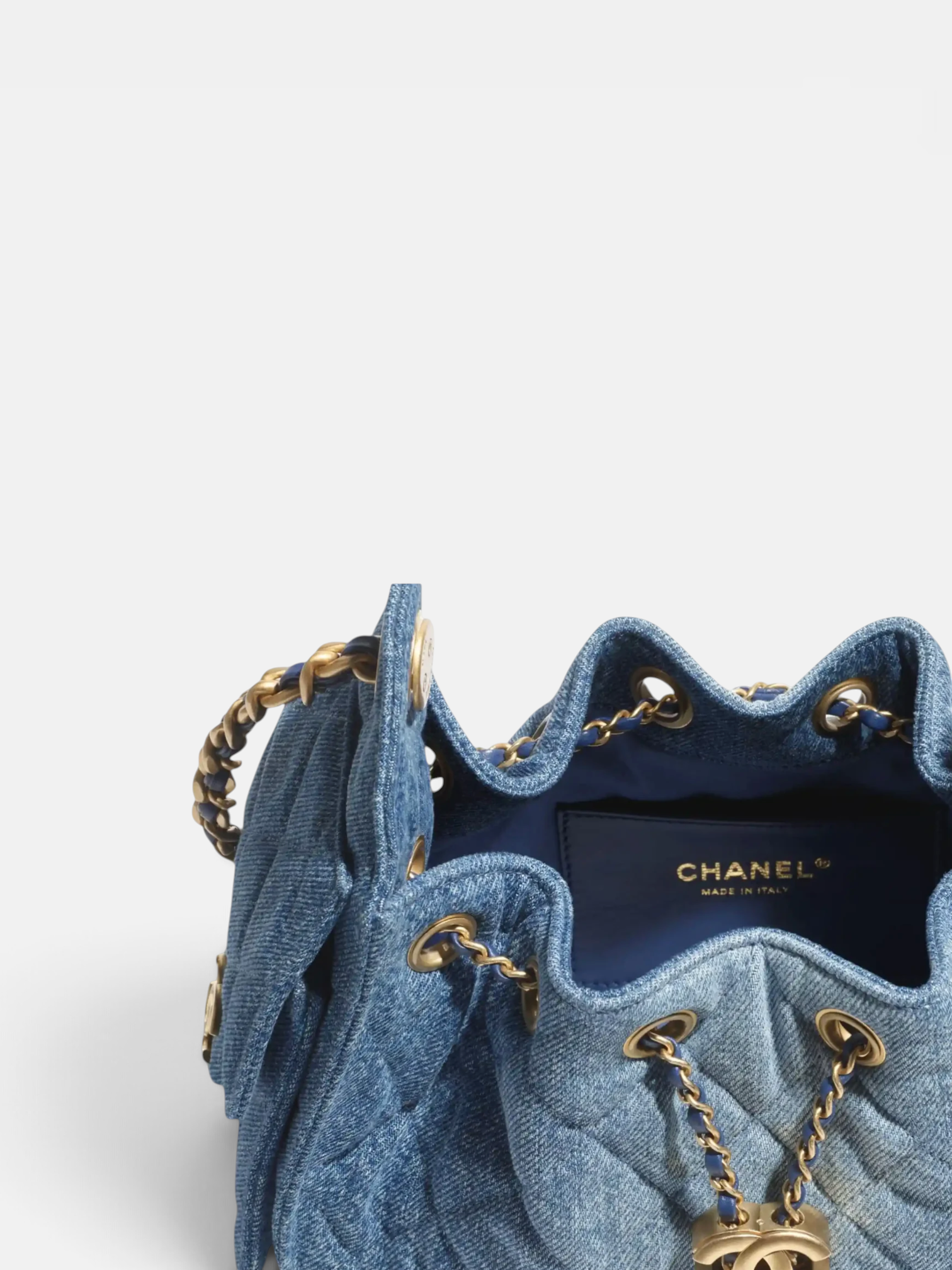 Chanel Chanel 25 Mini Handbag Washed Denim & Gold Tone Metal in Blue – close-up detail view in premium quality with AA+ craftsmanship