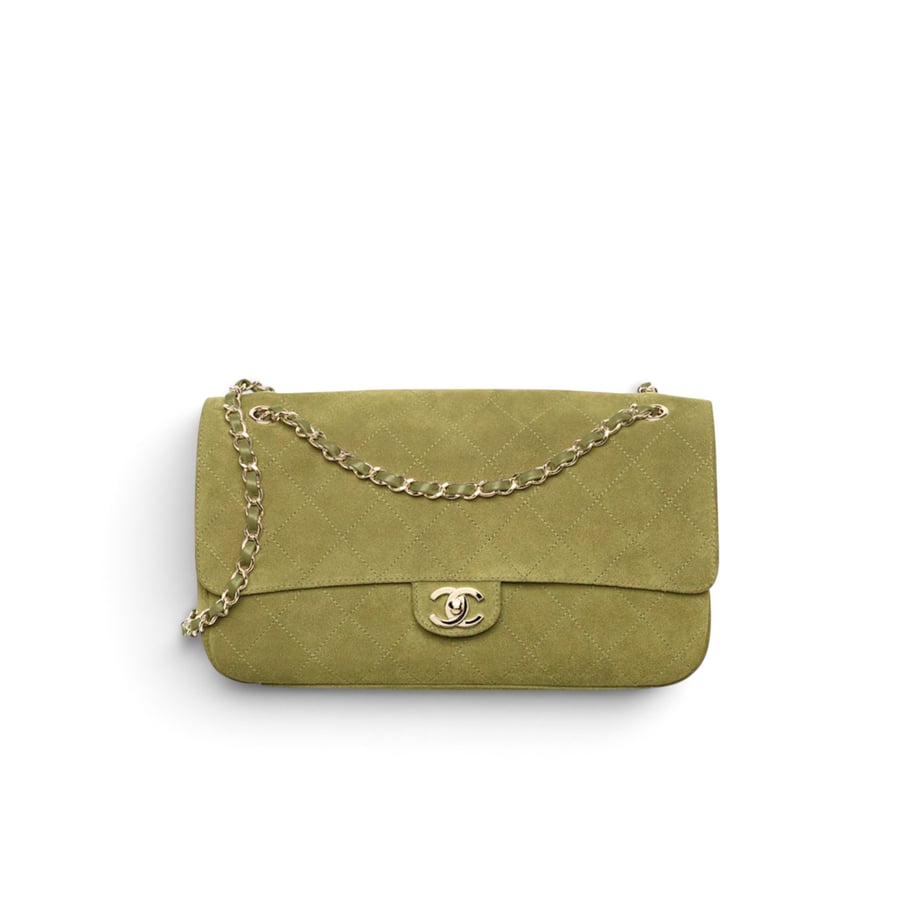 Chanel Maxi Flap Bag Suede Calfskin & Gold Metal Khaki