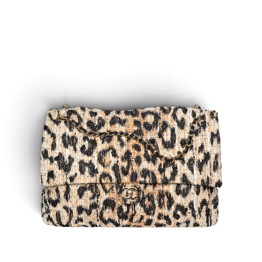 Chanel Maxi Flap Bag Tweed, Mixed Fibers & Gold-Tone Metal Brown, Black & White