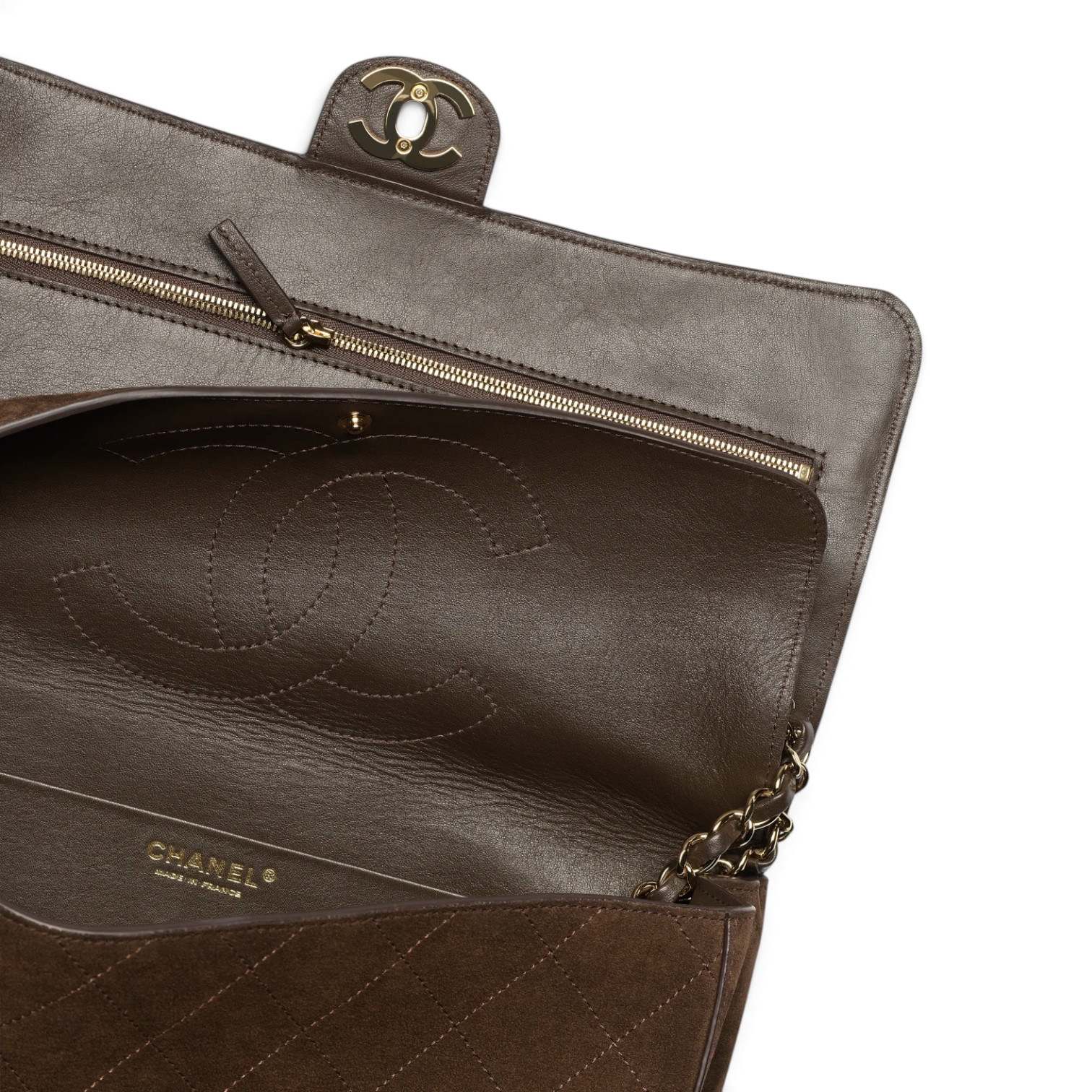 Chanel Chanel Maxi Flap Bag Suede Calfskin & Gold-Tone Metal Dark Brown – detail view in premium quality with AA+ craftsmanship