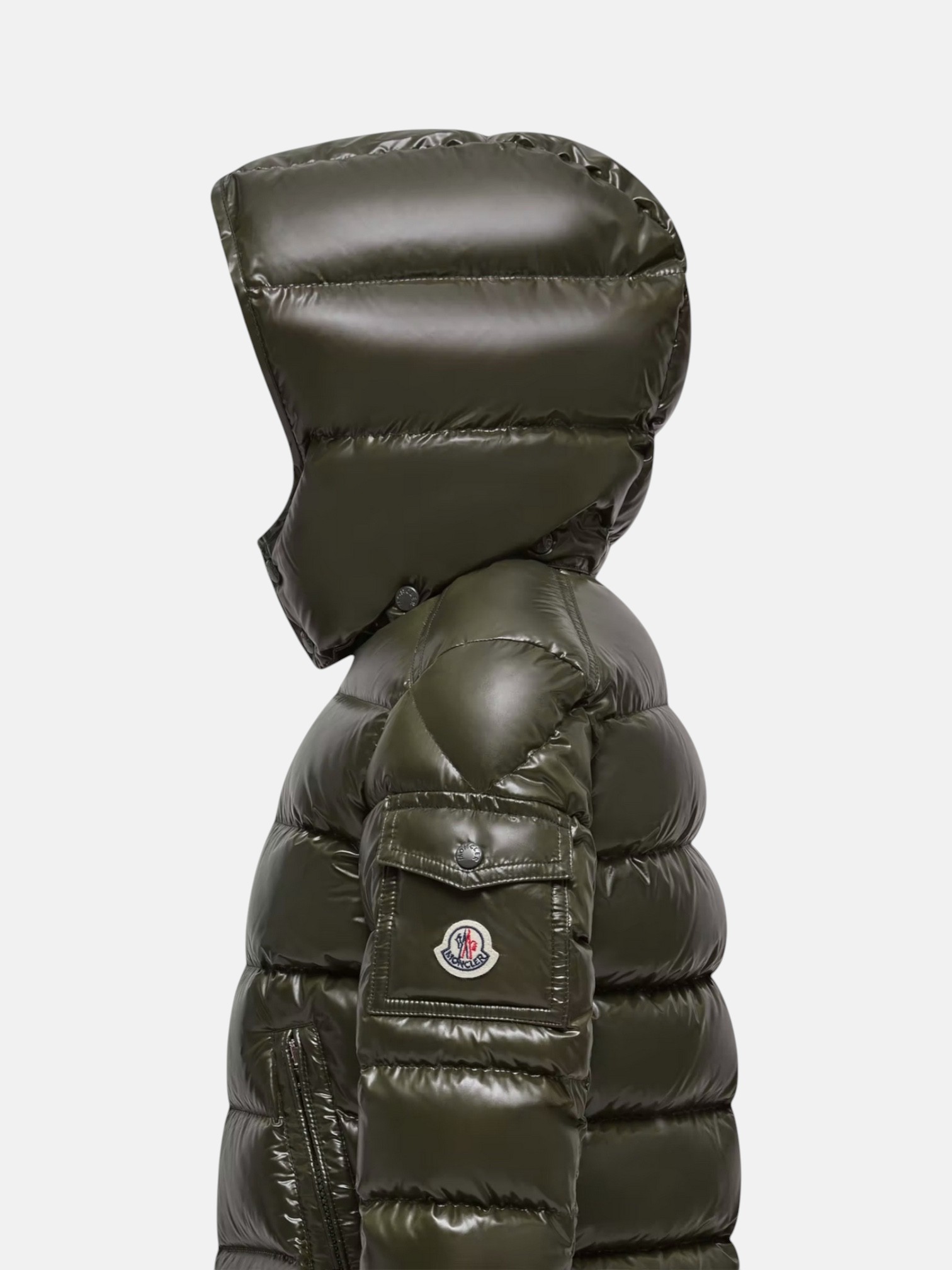 Moncler Moncler Maya Down Jacket Olive Green – side profile view in premium quality with AA+ craftsmanship