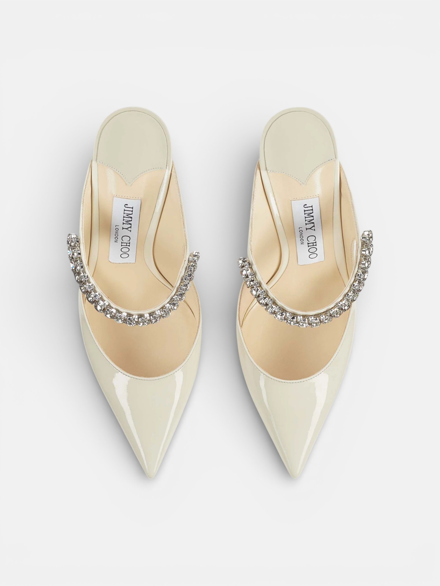 Jimmy Jimmy Cho Bing 100 Mules in Patent-Leather Cream – side profile view in premium quality with AA+ craftsmanship