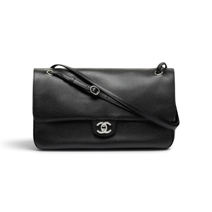 Chanel Maxi Flap Bag Black Grained Calfskin & Silver Metal
