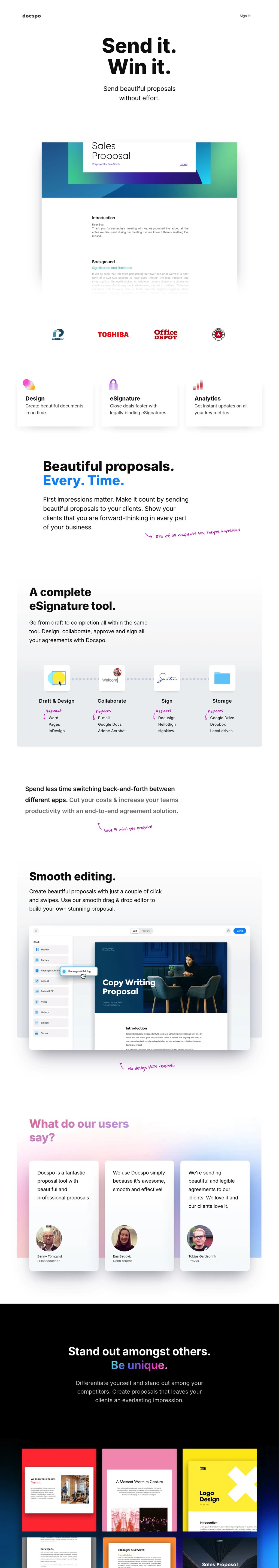 Beautiful Proposals with Electronic Signatures desktop landing page
